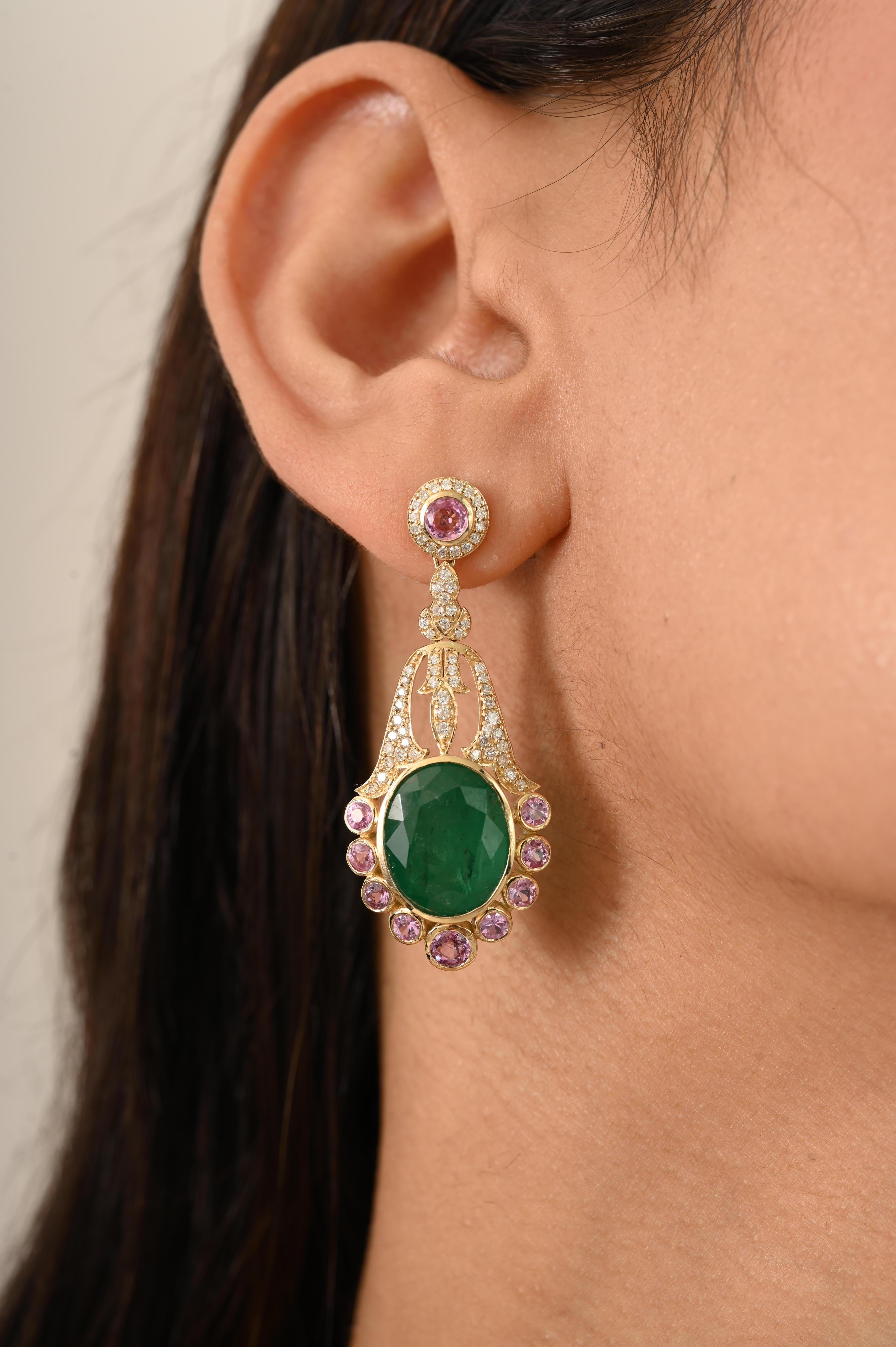 Vintage 14k Yellow Gold Emerald & Pink Sapphire Chandelier Earrings with Diamond For Sale 4