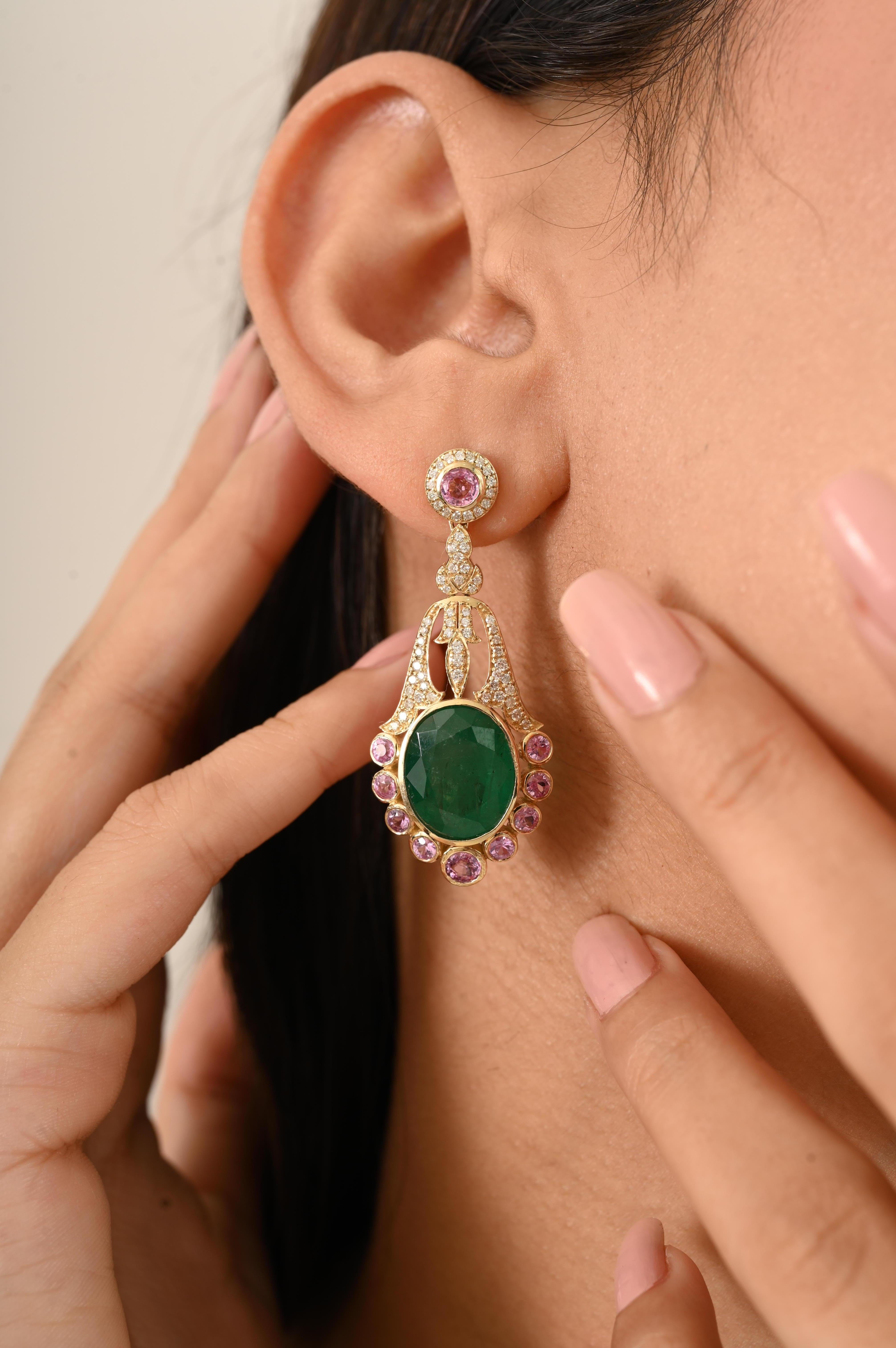 Women's Vintage 14k Yellow Gold Emerald & Pink Sapphire Chandelier Earrings with Diamond For Sale