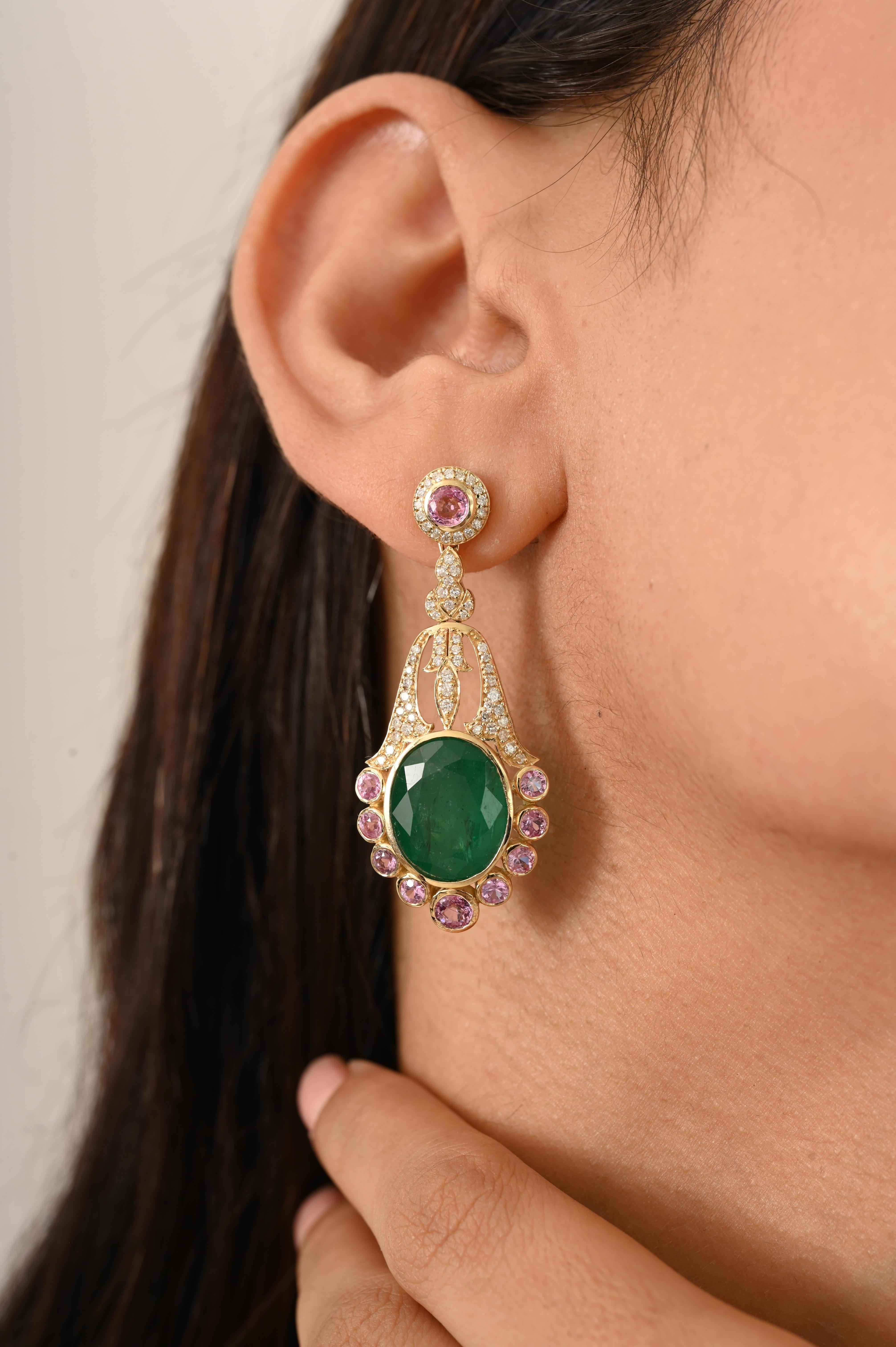 Vintage 14k Yellow Gold Emerald & Pink Sapphire Chandelier Earrings with Diamond For Sale 2