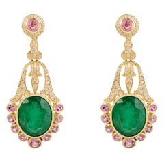 Vintage 14k Yellow Gold Emerald & Pink Sapphire Chandelier Earrings with Diamond