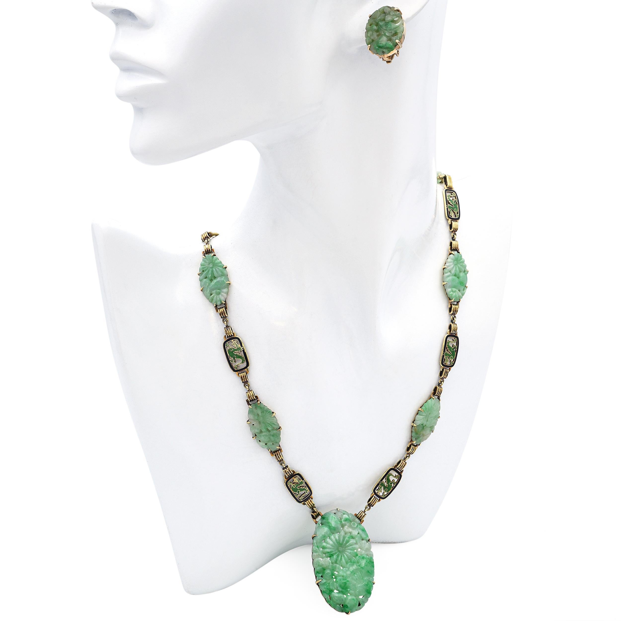 Vintage 14k Gelbgold Emaille geschnitzt Jade Drachenmotiv und floralen Schmuck-Set (Ovalschliff) im Angebot