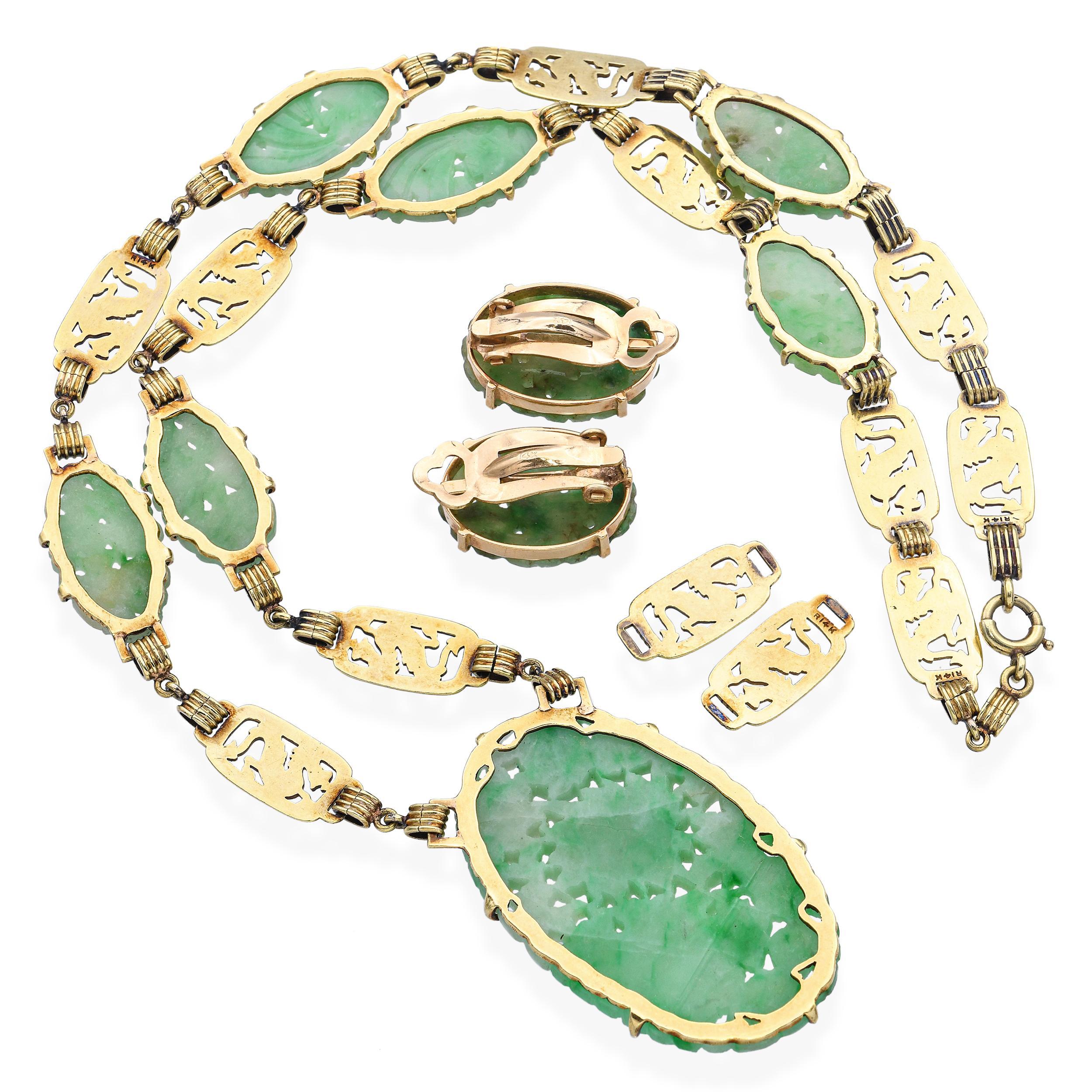 Vintage 14k Gelbgold Emaille geschnitzt Jade Drachenmotiv und floralen Schmuck-Set im Zustand „Gut“ im Angebot in New York, NY