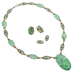 Vintage 14k Yellow Gold Enamel Carved Jade Dragon Motif and Floral Jewelry Set
