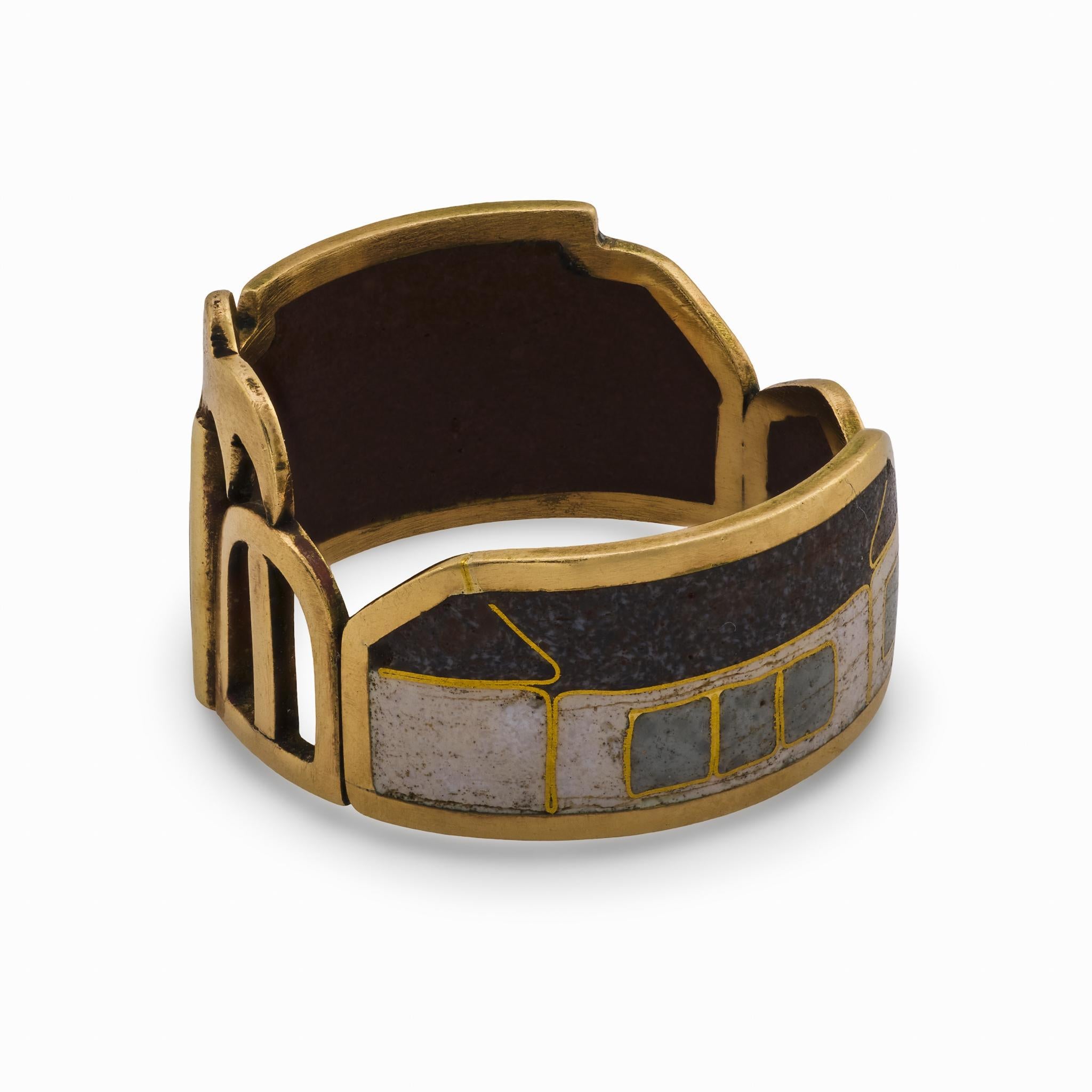 Donna Anello con paesaggio urbano in smalto d'epoca in oro giallo 14k in vendita