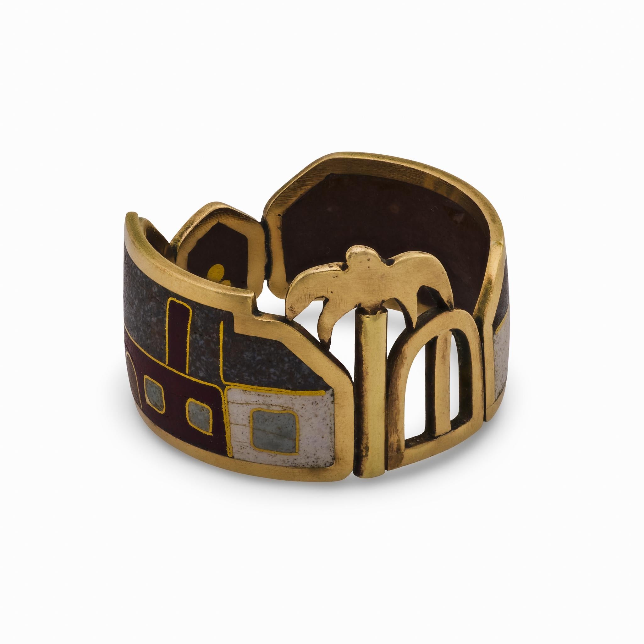 Anello con paesaggio urbano in smalto d'epoca in oro giallo 14k in vendita 2