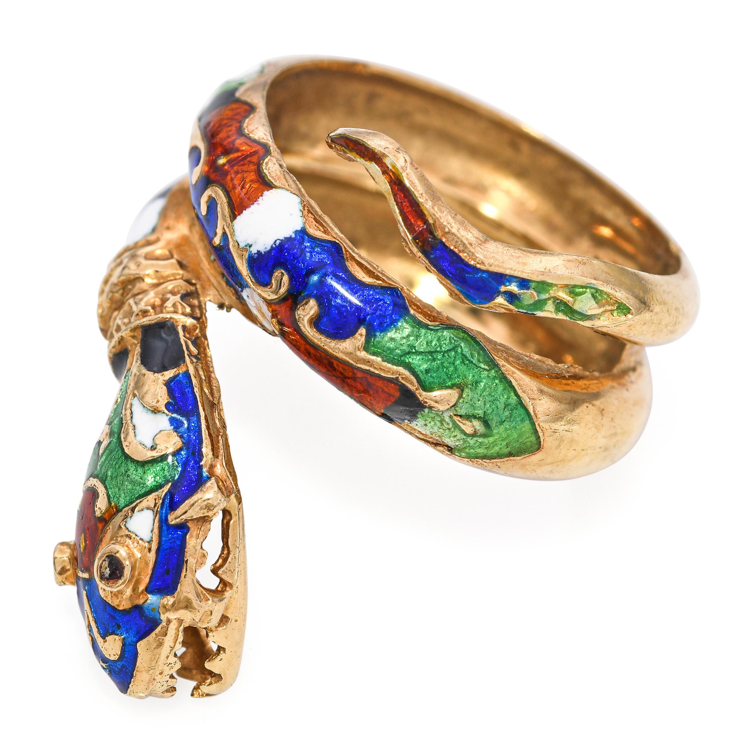 Donna Anello serpente a spirale in oro giallo 14k vintage con smalto in vendita