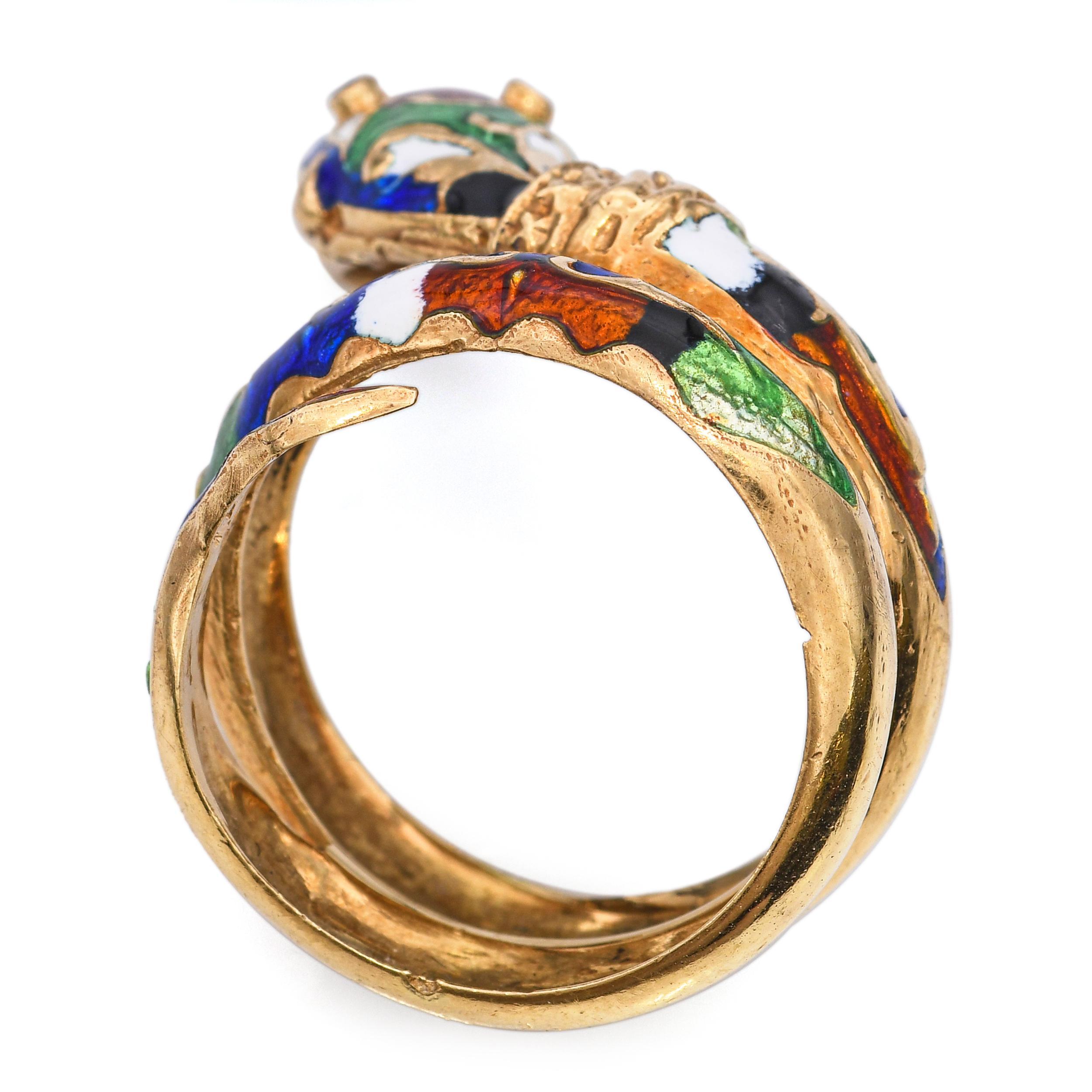 Anello serpente a spirale in oro giallo 14k vintage con smalto in vendita 1