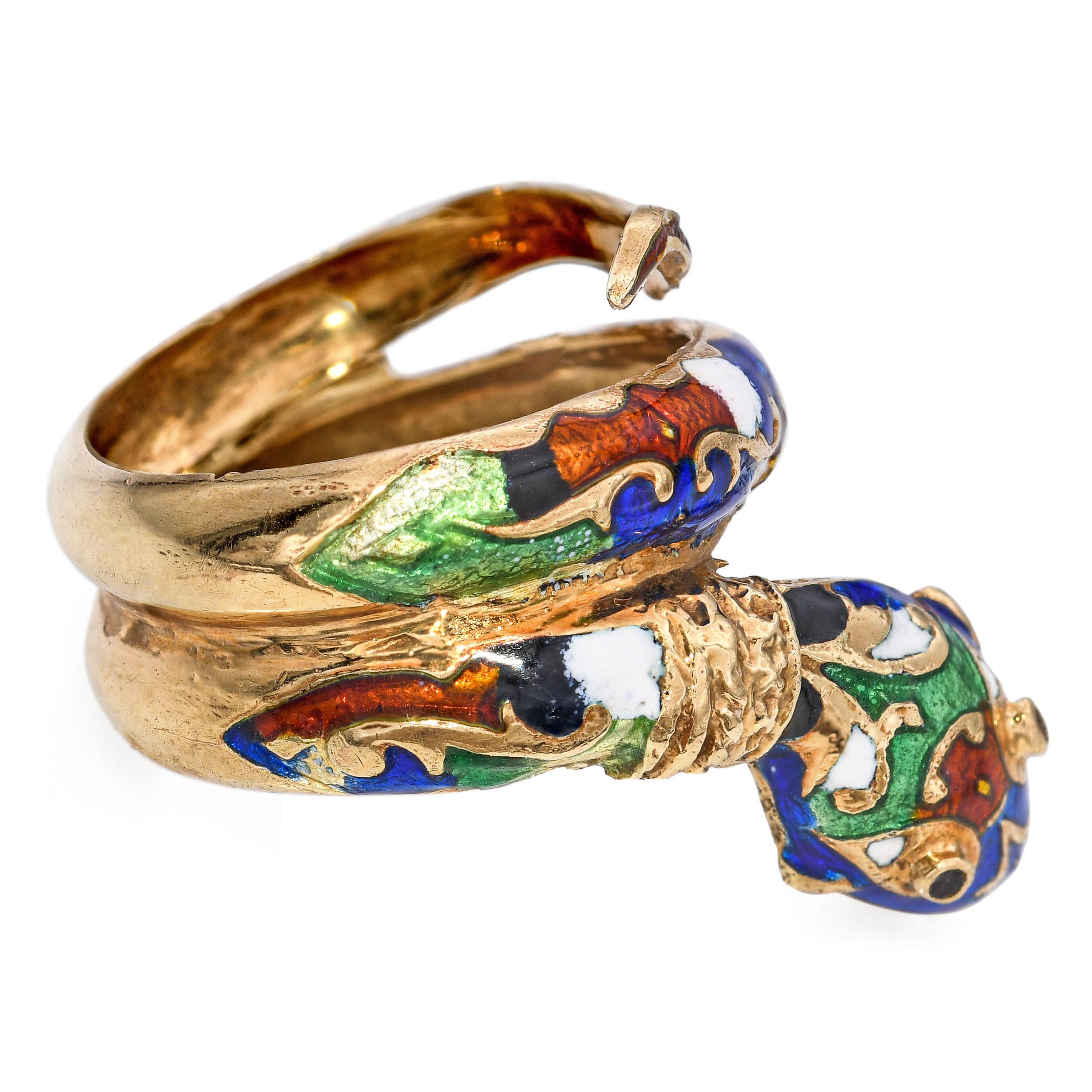 Anello serpente a spirale in oro giallo 14k vintage con smalto in vendita 2