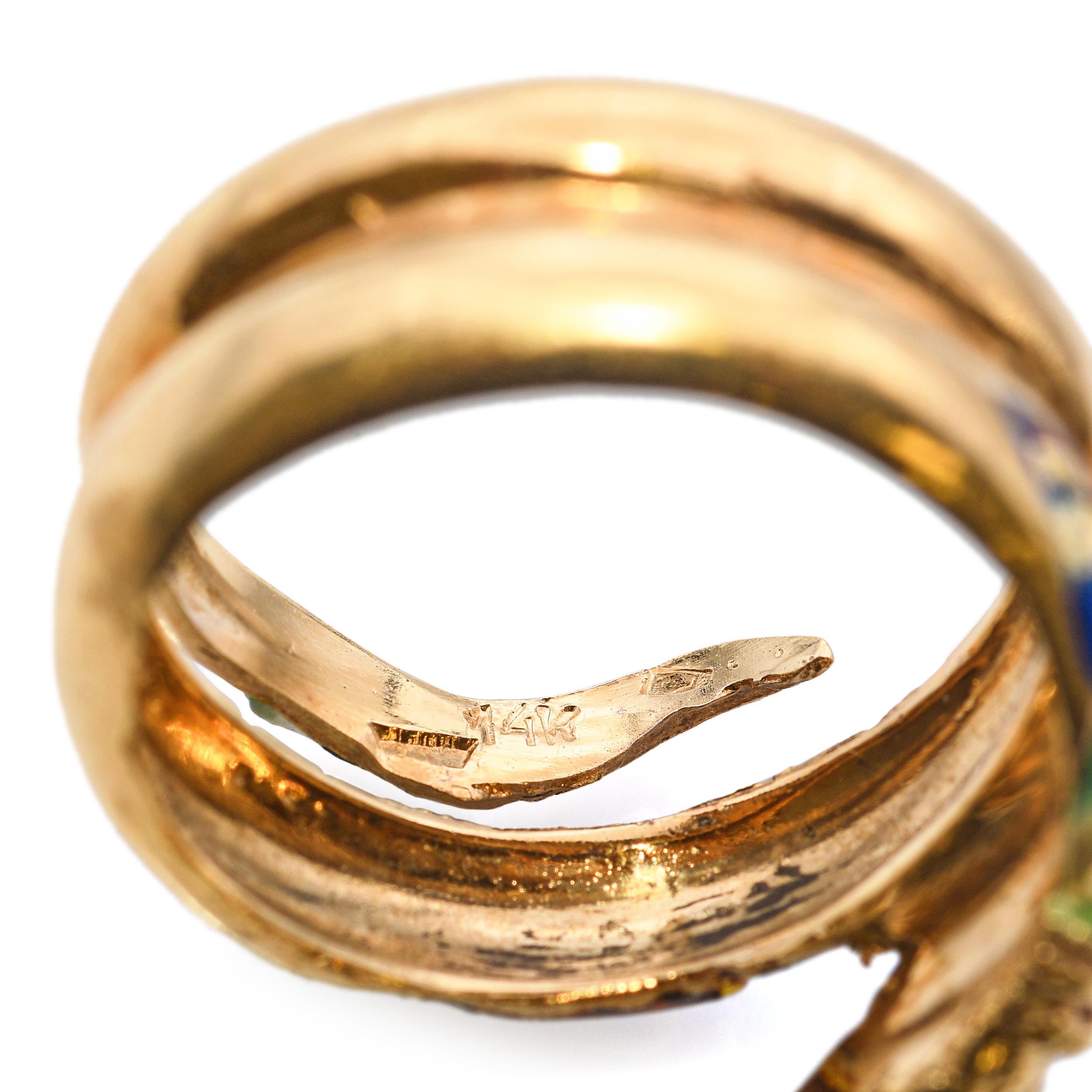 Anello serpente a spirale in oro giallo 14k vintage con smalto in vendita 3