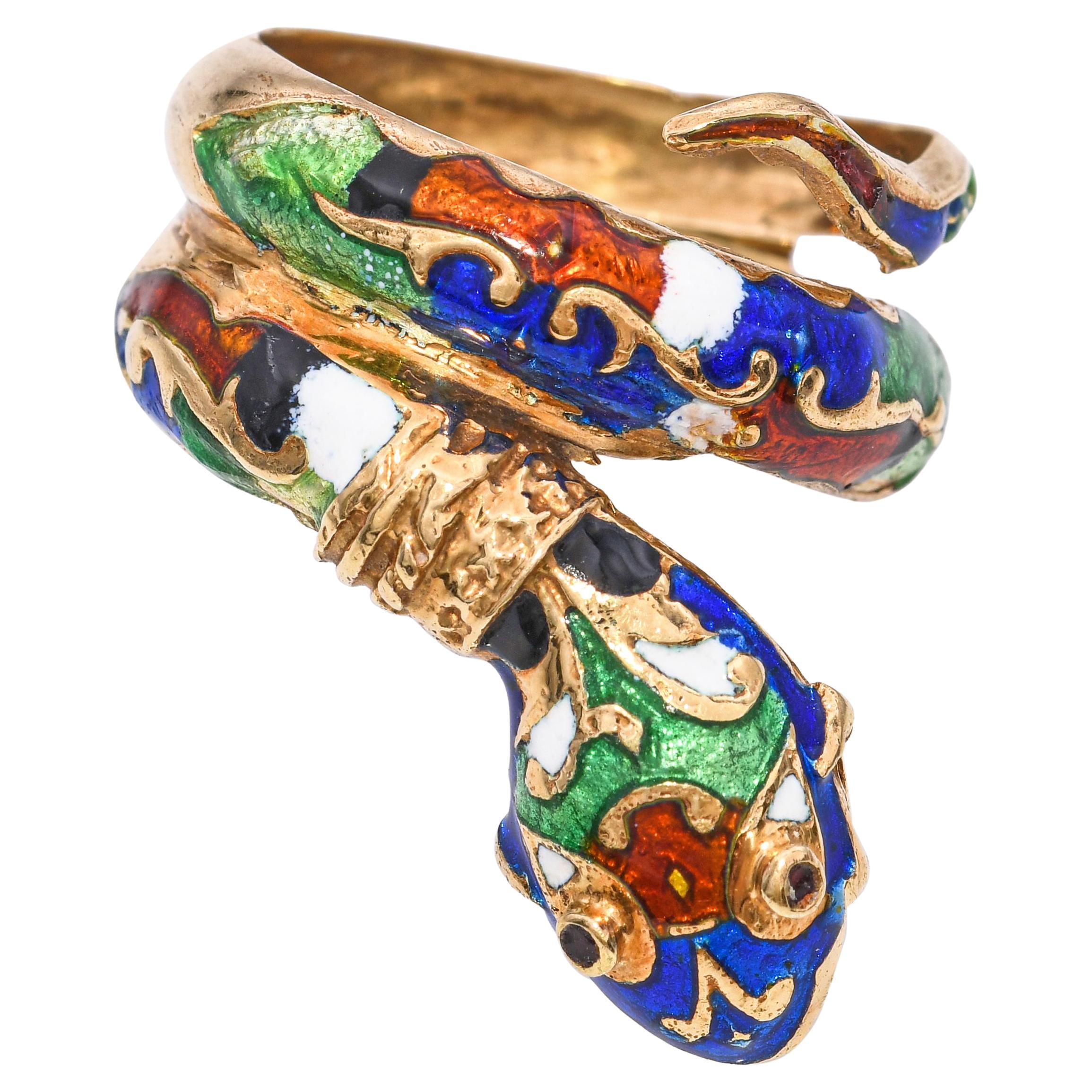 Anello serpente a spirale in oro giallo 14k vintage con smalto in vendita