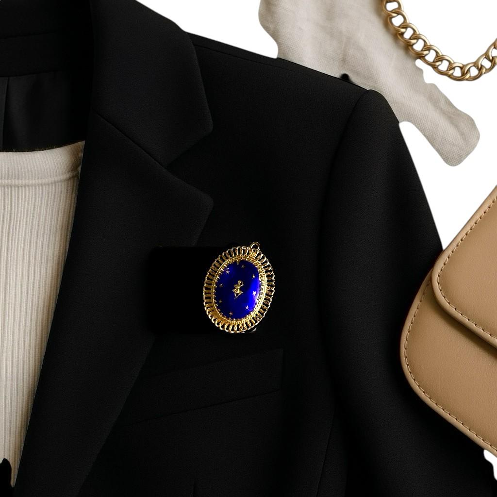 A Whimsical Blend of Color and Movement in Elegant Gold
Celebrate the spirit of dance with this Vintage 14K Yellow Gold Dancer, adorned in blue and gold enamel. Equal parts brooch and pendant, this versatile piece brings lively charm to any