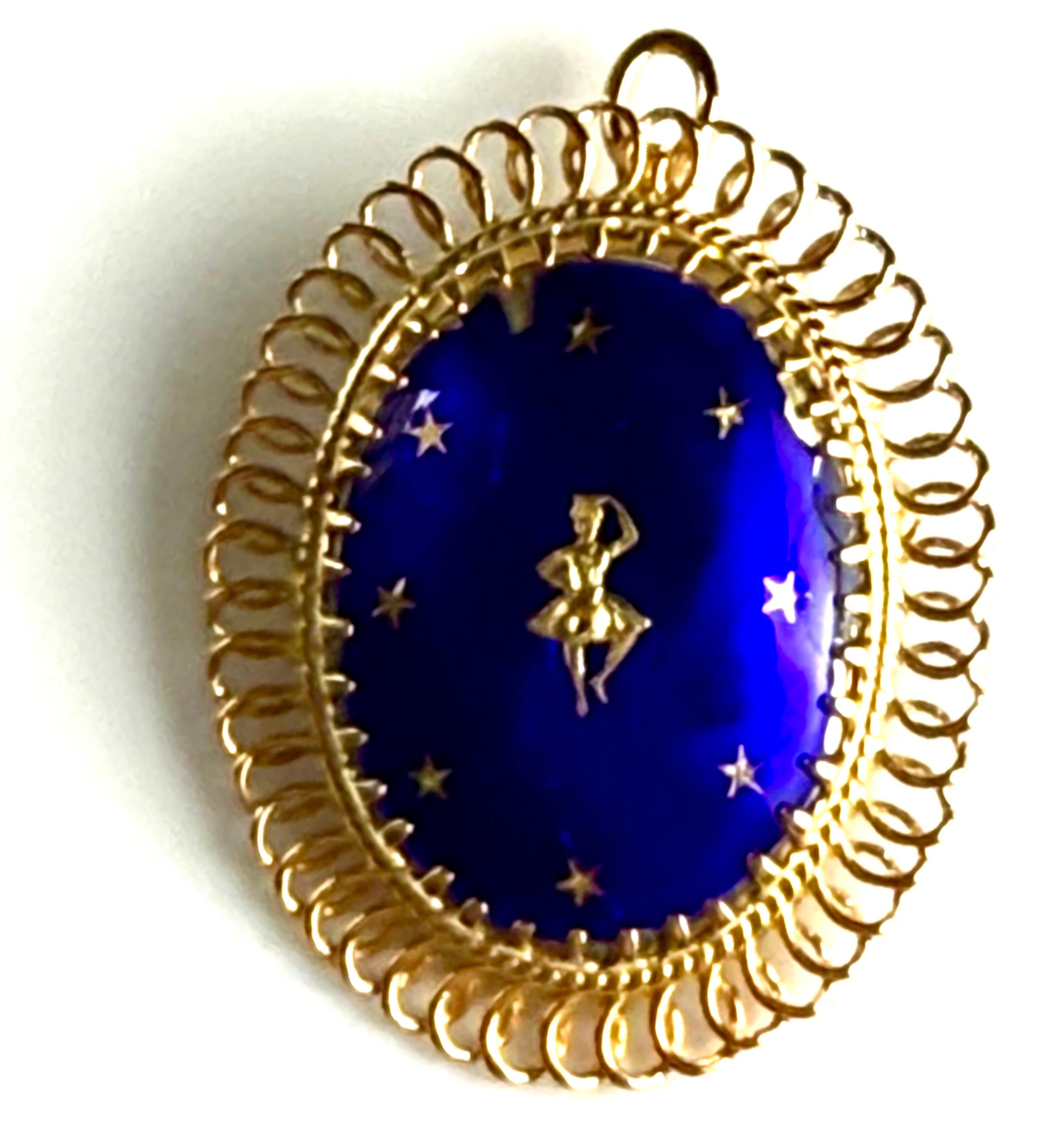 Women's or Men's Vintage 14K Yellow Gold Enamel Dancer Convertible Brooch Pendant French For Sale