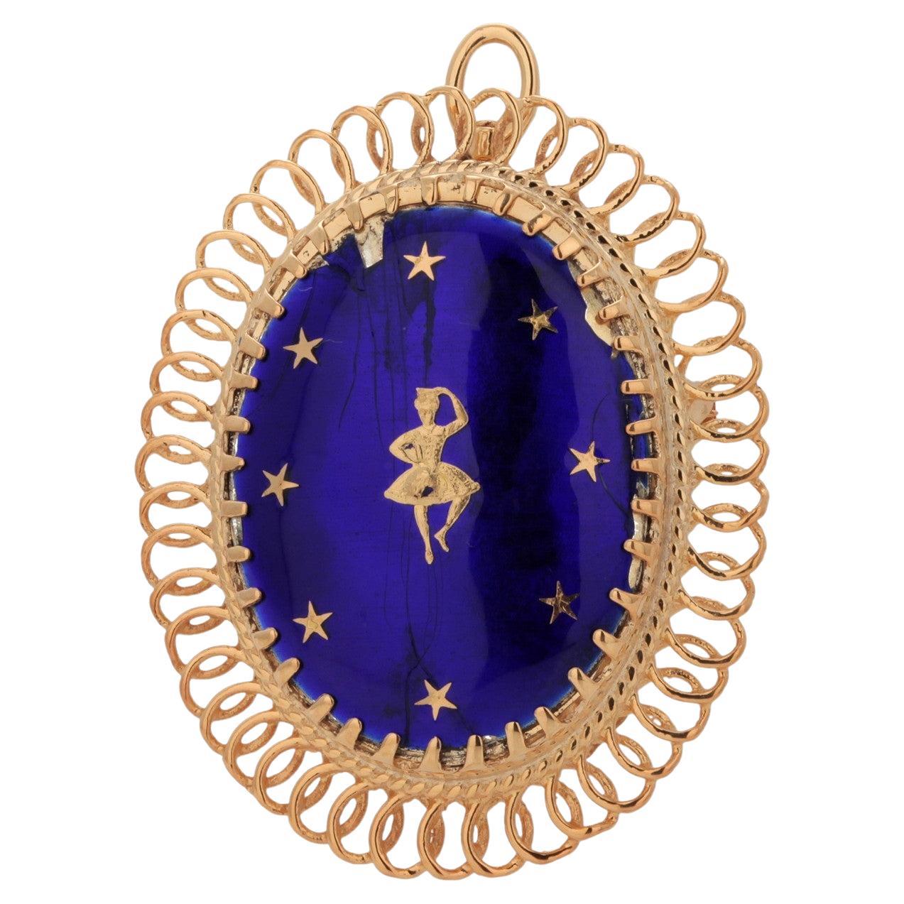 Pendentif broche convertible danseuse française en or jaune 14 carats et émail en vente
