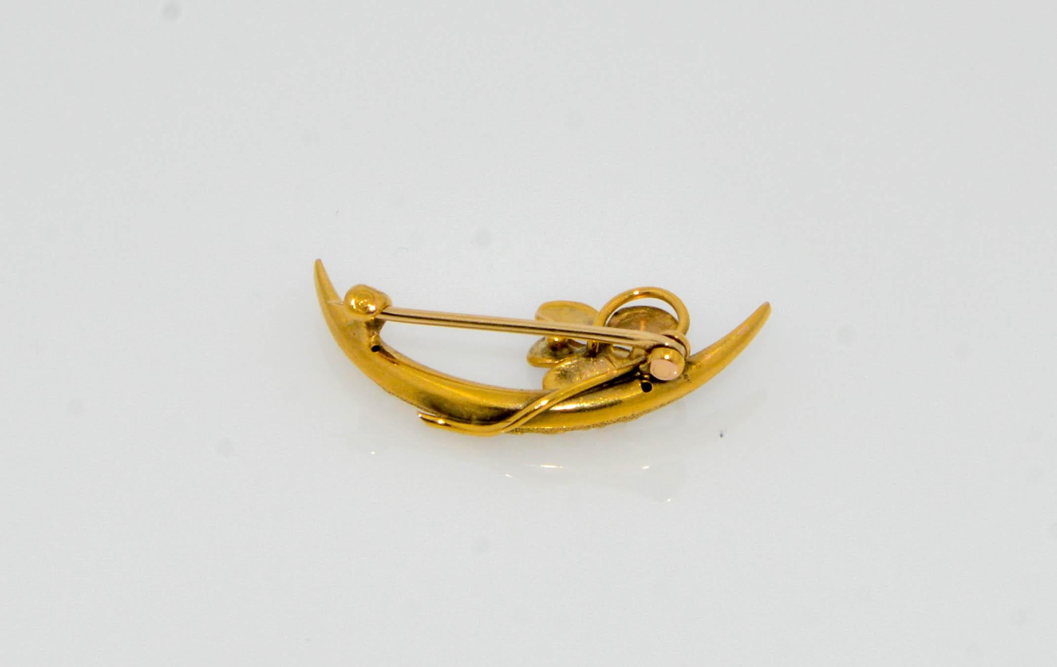 Women's Art Nouveau 14 Karat Yellow Gold Enamel Flowers and Pearl Crescent Shaped Pin