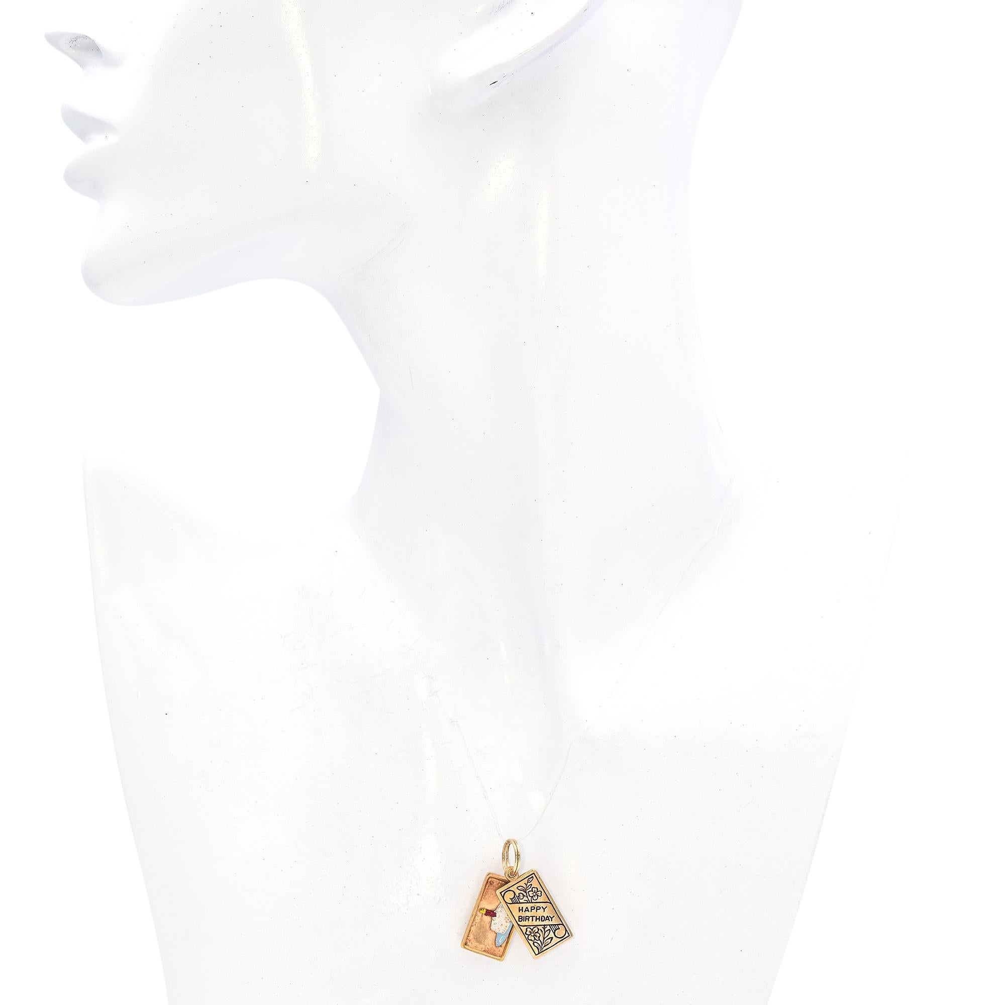 Vintage 14k Gelbgold Emaille Happy Birthday Postkartenanhänger Charme 2