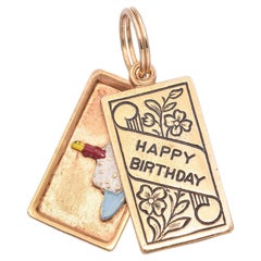 Vintage 14k Gelbgold Emaille Happy Birthday Postkartenanhänger Charme