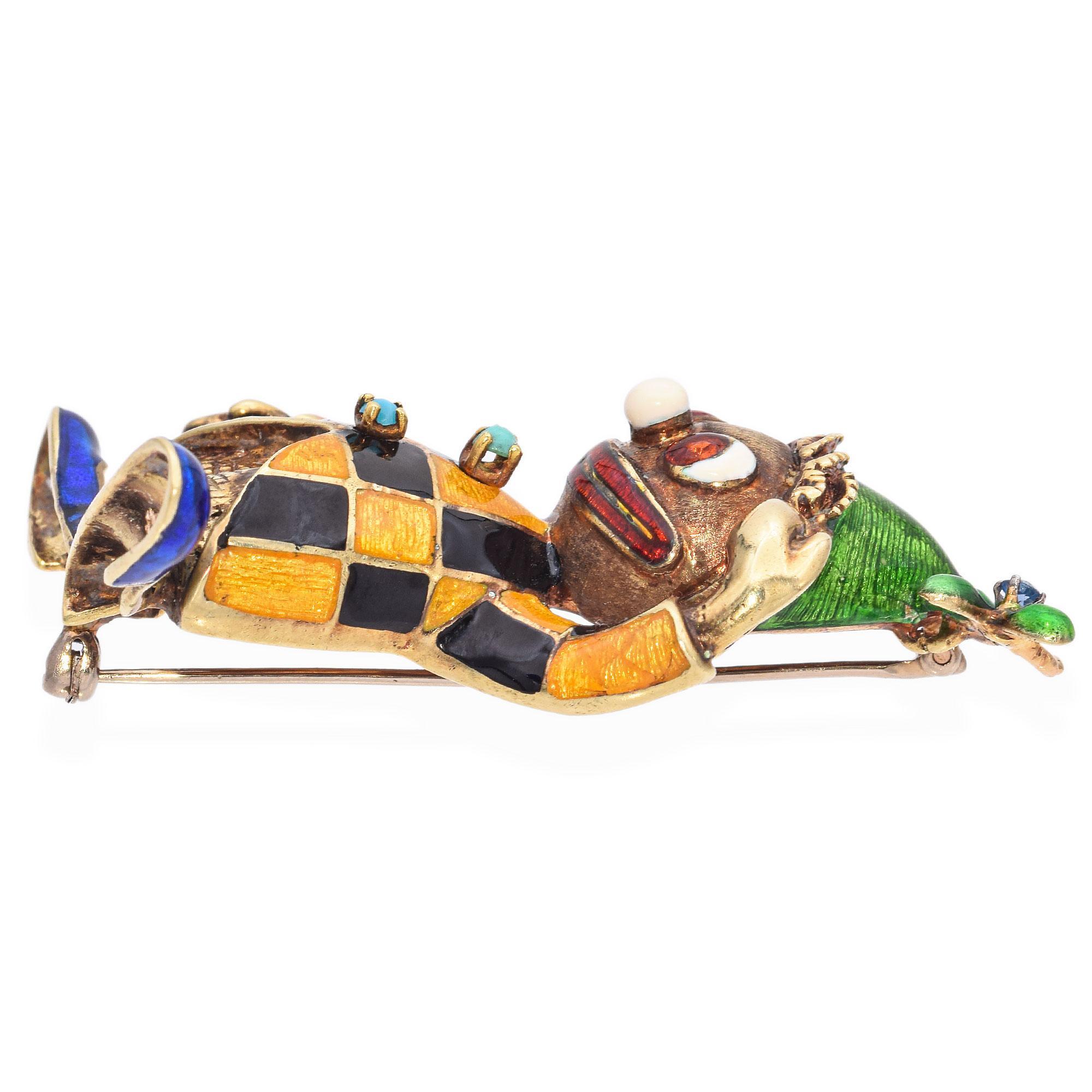 Vintage 14K Gelbgold Emaille Harlequin Clown Brosche (Rundschliff) im Angebot
