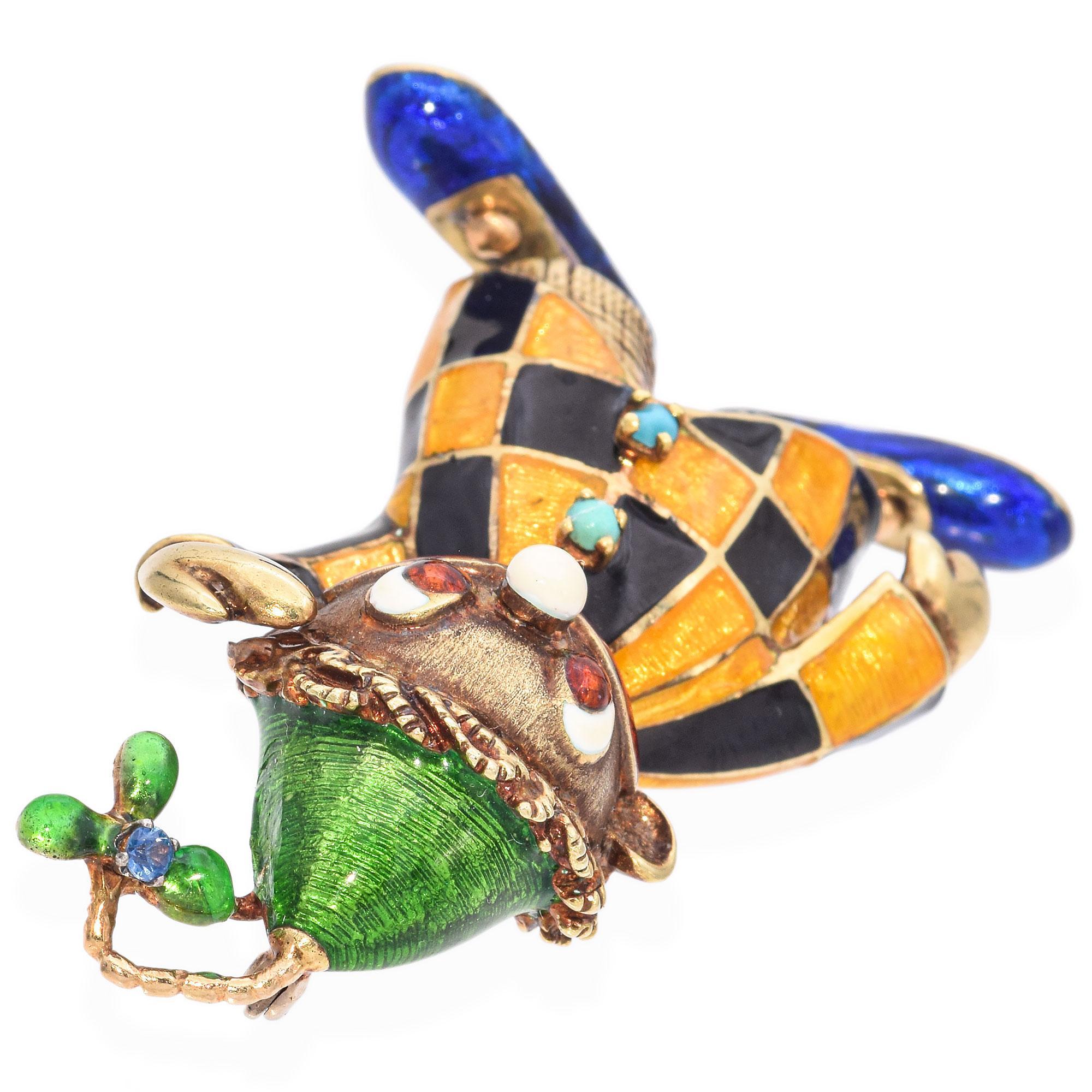 Vintage 14K Gelbgold Emaille Harlequin Clown Brosche im Zustand „Gut“ im Angebot in New York, NY
