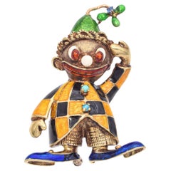 Vintage 14K Yellow Gold Enamel Harlequin Clown Brooch