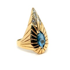 Vintage 14K Yellow Gold Erté “Peacock” Ring with Diamonds and Blue Topaz.