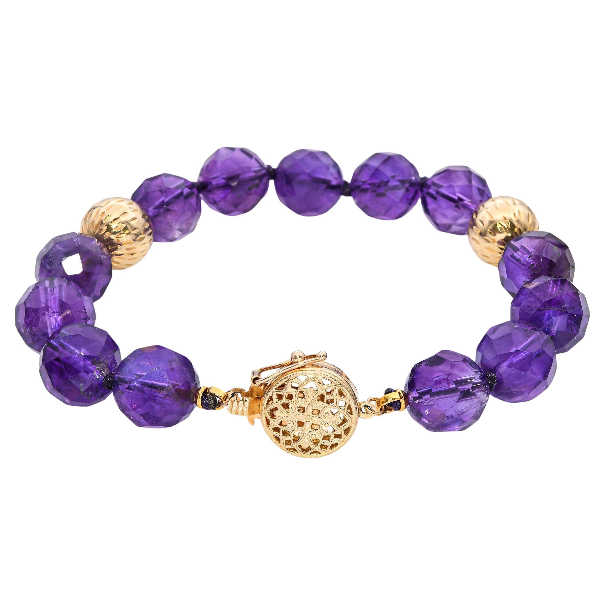 Vintage 14k Yellow Gold Faceted Amethyst Beaded Bracelet
