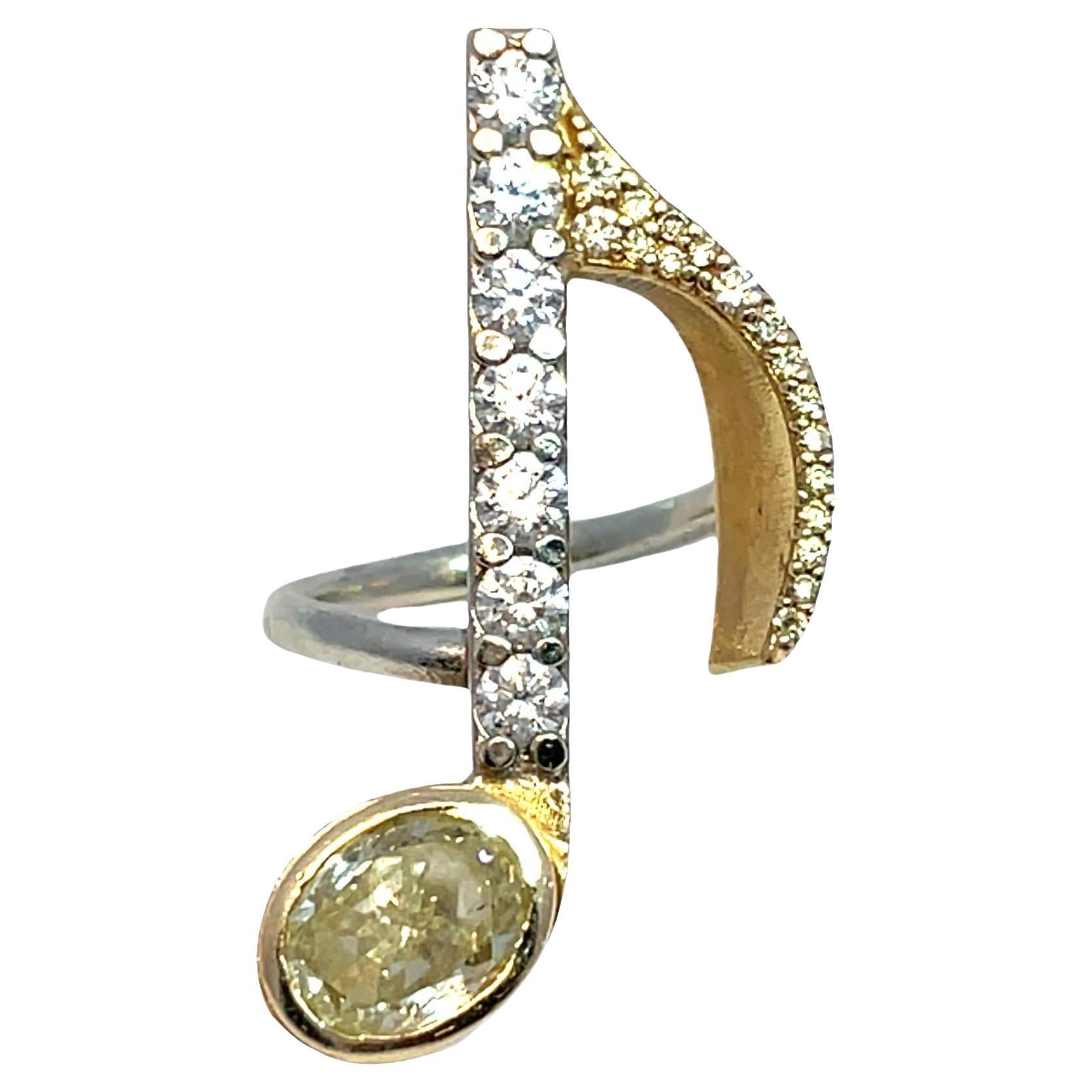 Vintage 14K Yellow Gold Fancy Yellow Diamond Music Note Ring For Sale