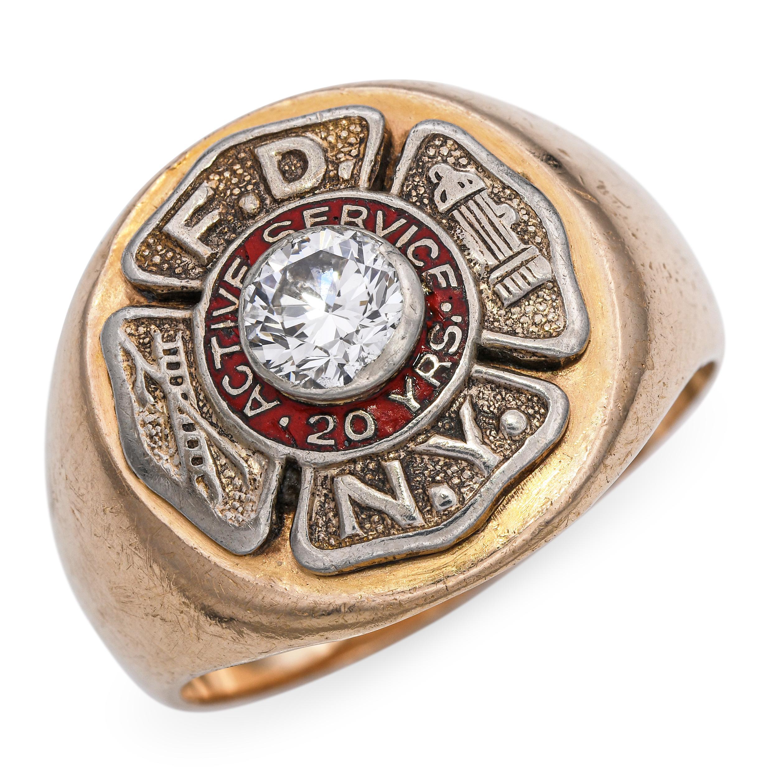Vintage 14k Yellow Gold 20 Years Active Service F.D.N.Y Diamond Ring, a meaningful service award ring commemorating two decades of dedicated duty with the Fire Department of New York. Crafted in solid 14k yellow gold, the ring is set with a
