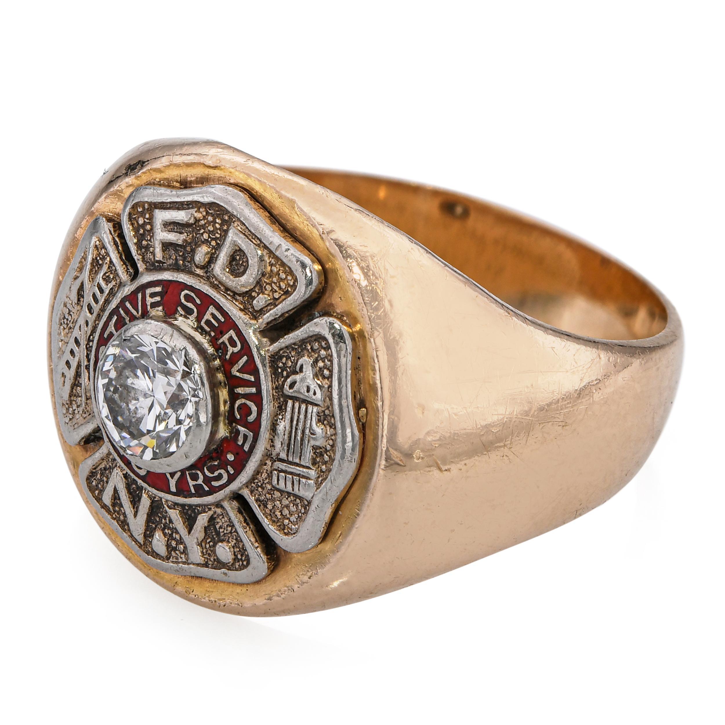 Women's or Men's Vintage 14k Yellow Gold F.D.N.Y 20 Years Active Service Diamond Men's Ring For Sale
