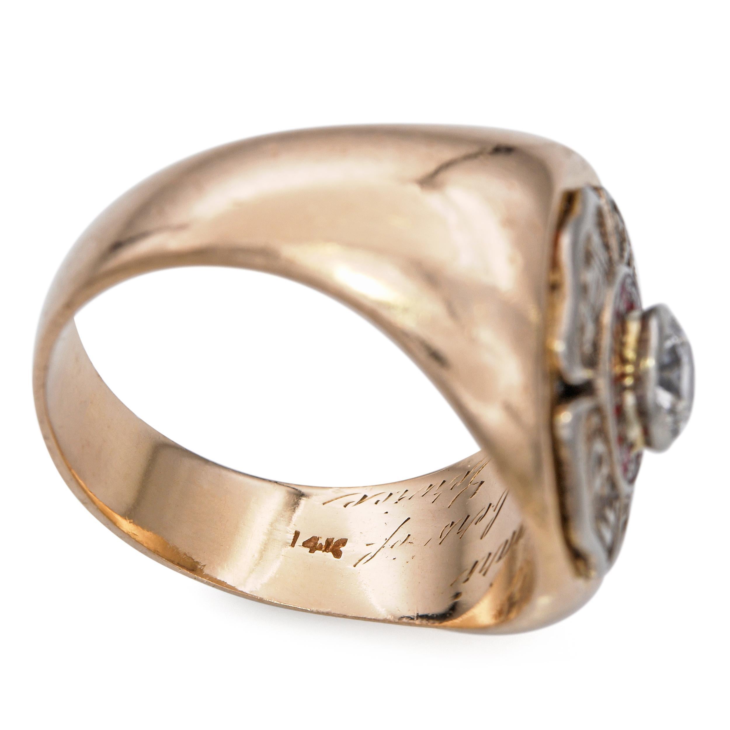 Vintage 14k Yellow Gold F.D.N.Y 20 Years Active Service Diamond Men's Ring For Sale 3