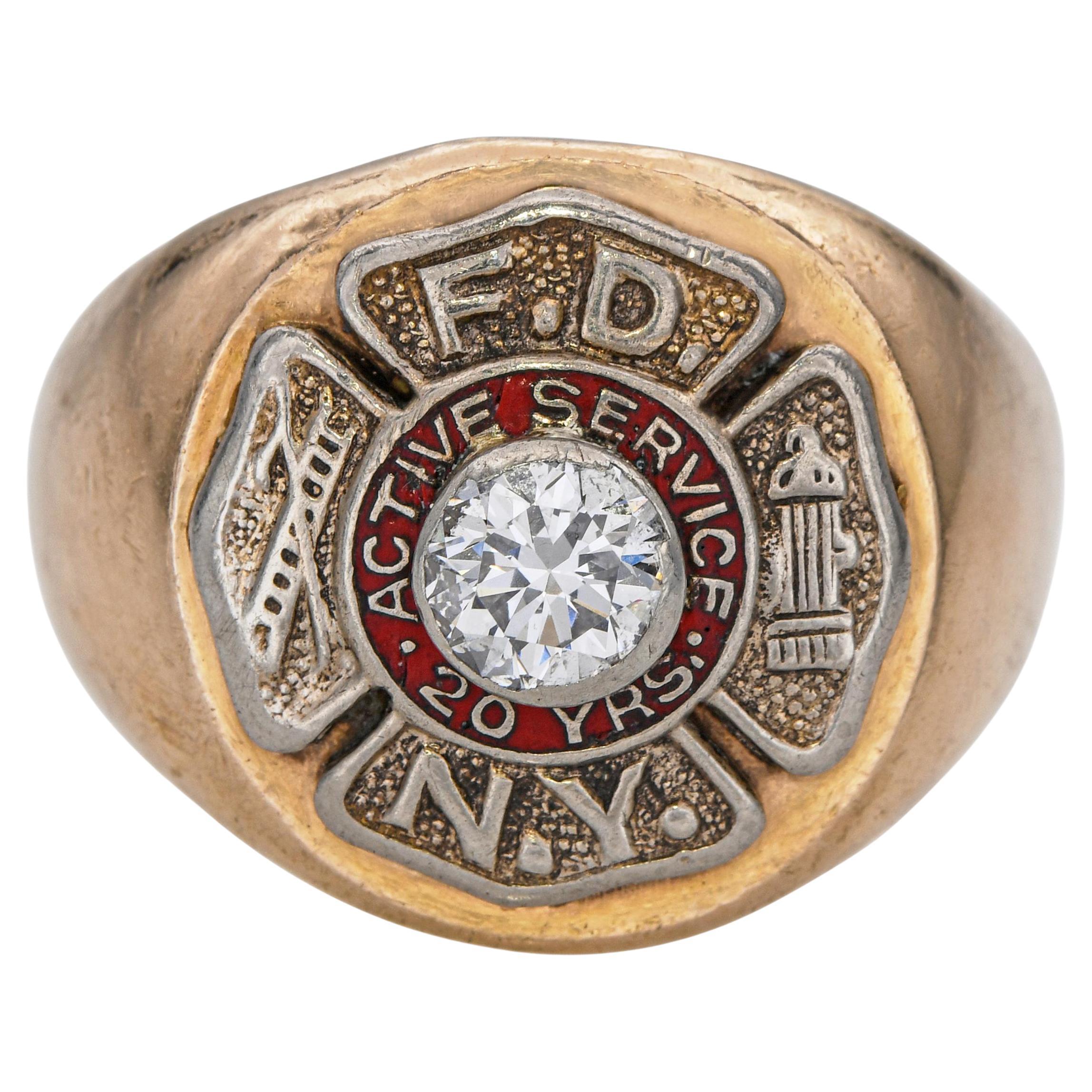 Vintage 14k Yellow Gold F.D.N.Y 20 Years Active Service Diamond Men
s Ring