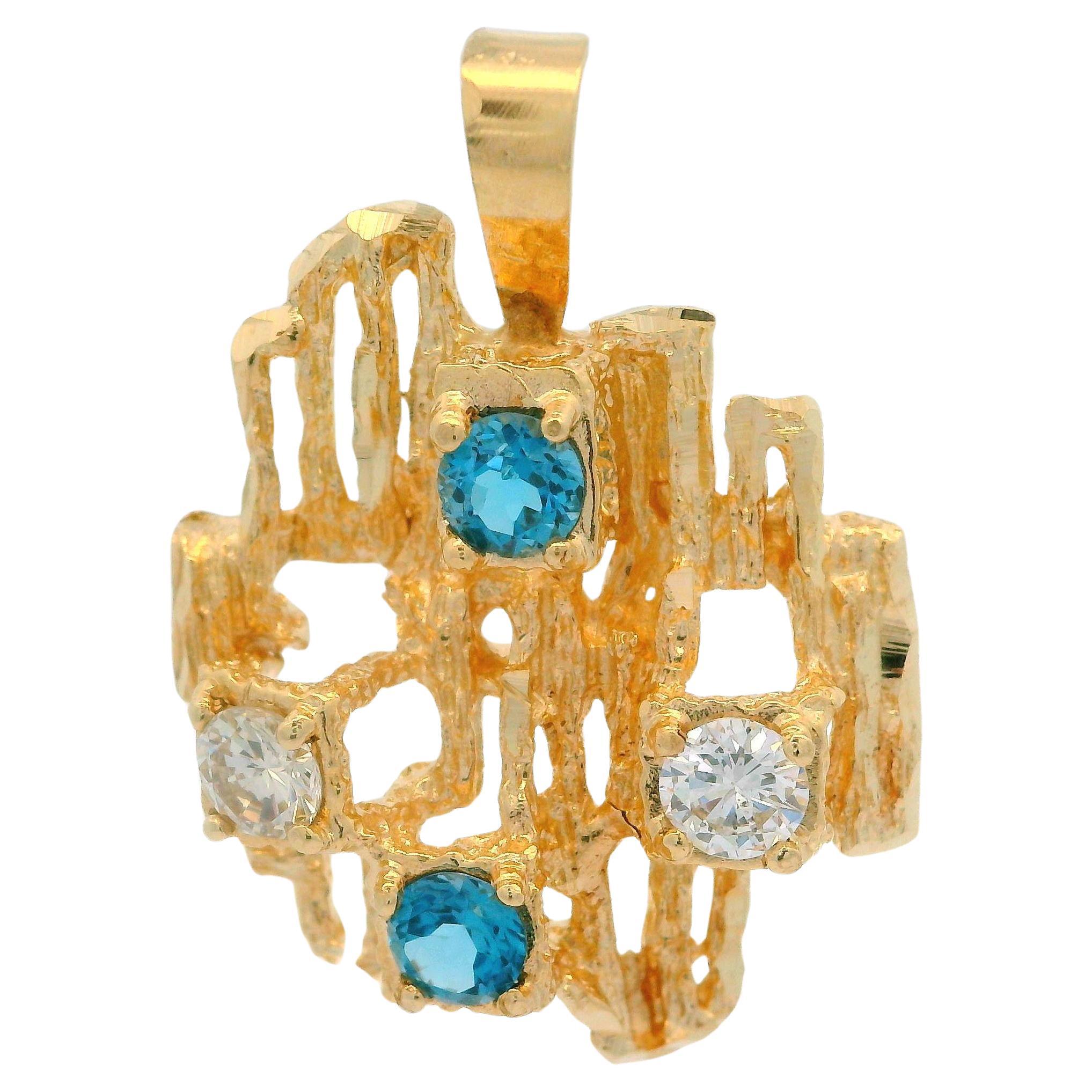 Vintage 14k Yellow Gold Fiery White and Blue Diamond Nugget Texture Pendant For Sale