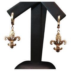 Boucles d'oreilles pendantes vintage en or jaune 14 carats, motif fleur de lys, fermoir à levier, 4,9 g