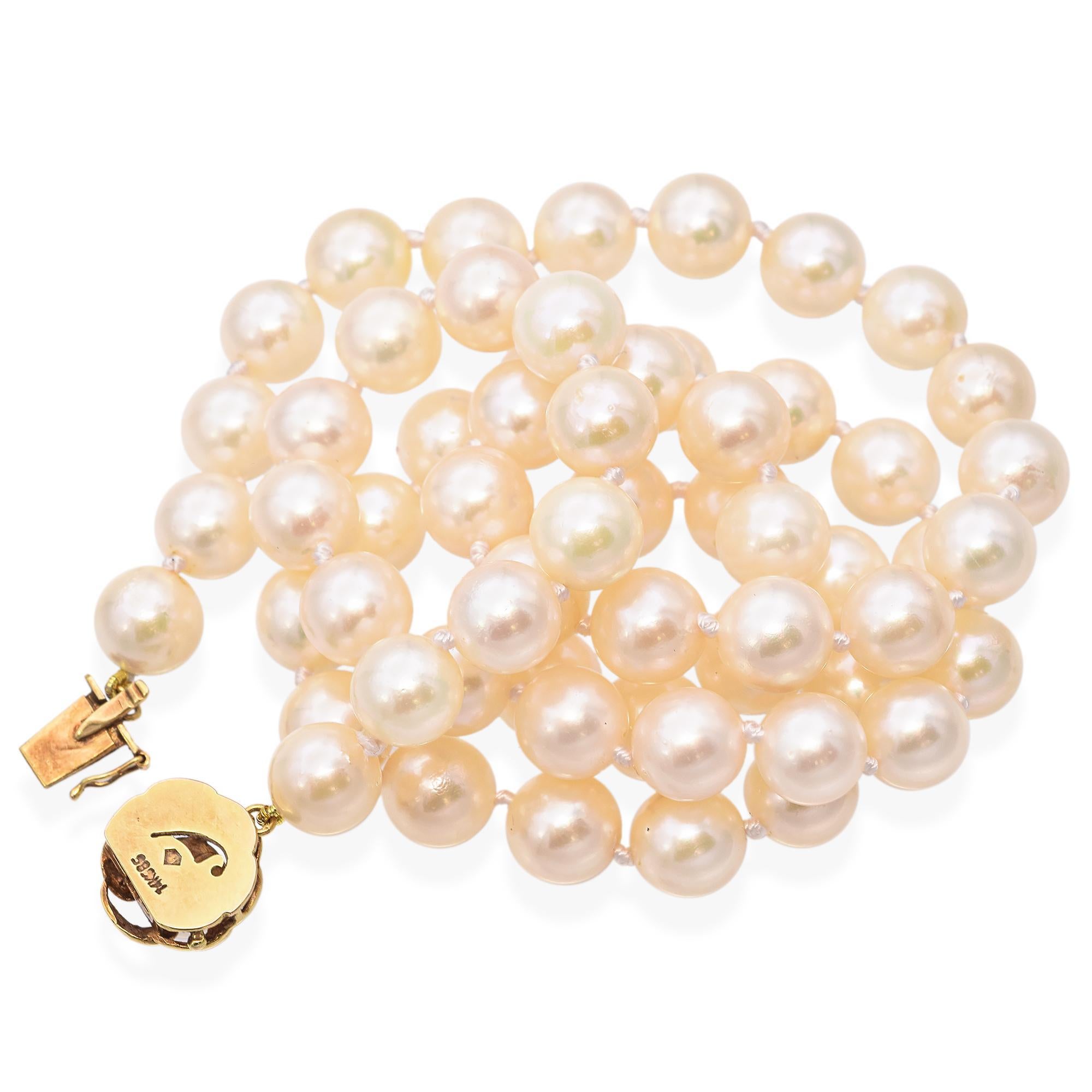 Women's Vintage 14k Yellow Gold Floral Clasp Single Strand Pearl Necklace