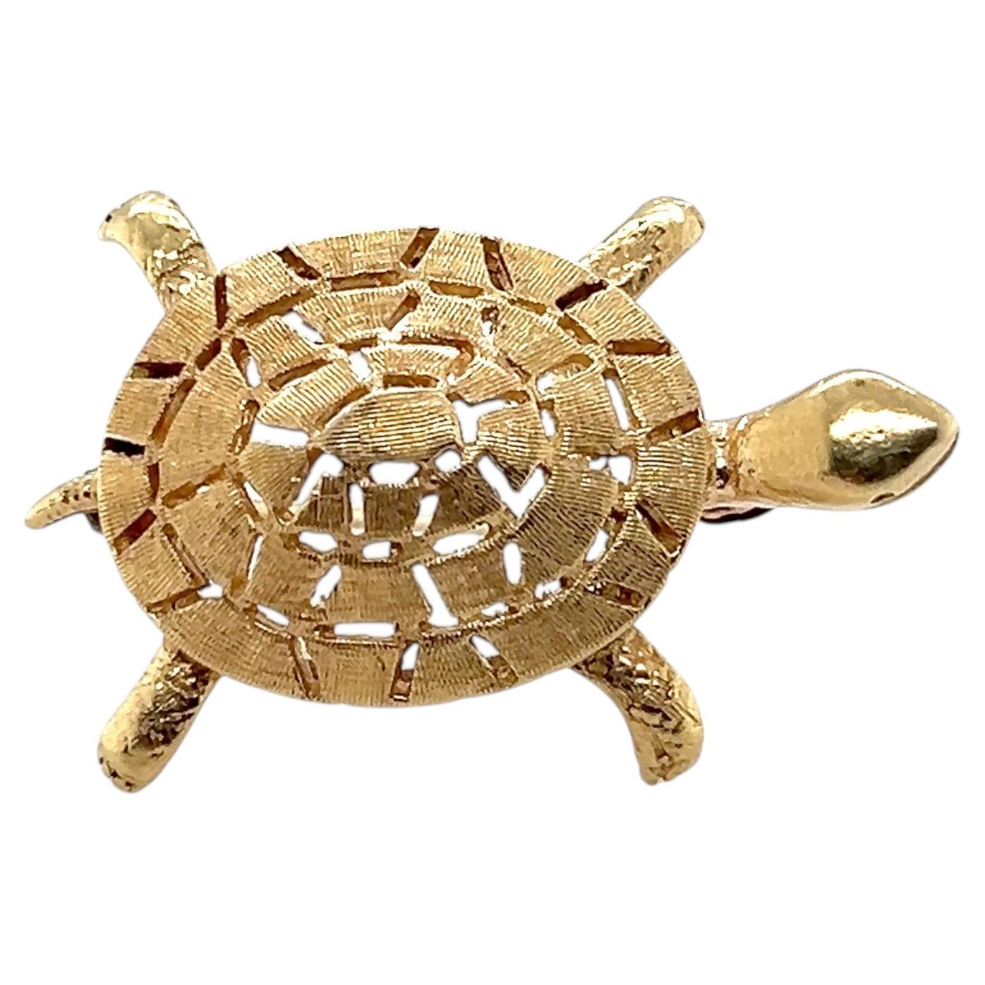 Broche vintage en forme de tortue en or jaune 14 carats, finition Florentine, années 1970