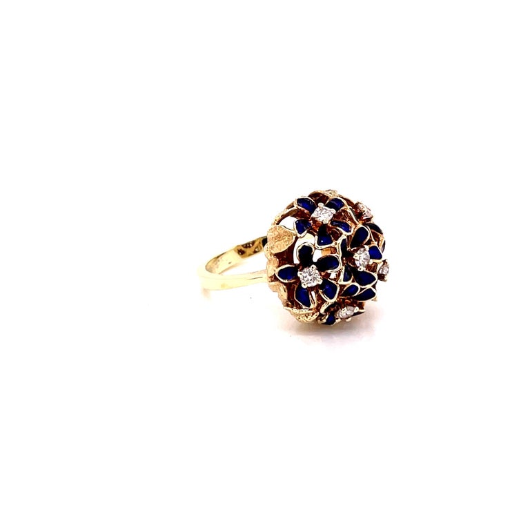 Round Cut Vintage 14K Yellow Gold Flower Ring with Blue Enamel and Diamonds  For Sale