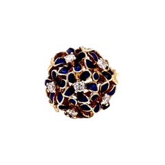 Vintage 14K Yellow Gold Flower Ring with Blue Enamel and Diamonds