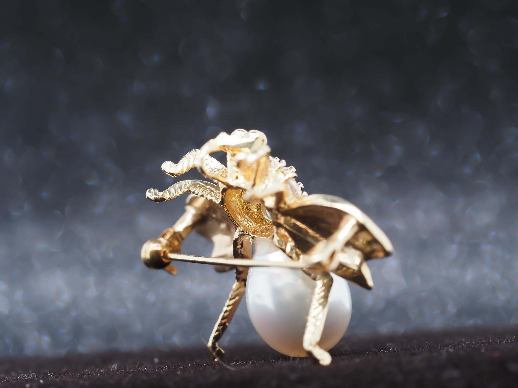 De las mujeres Broche Vintage Mosca de Oro Amarillo de 14K con Perla y Diamantes en venta