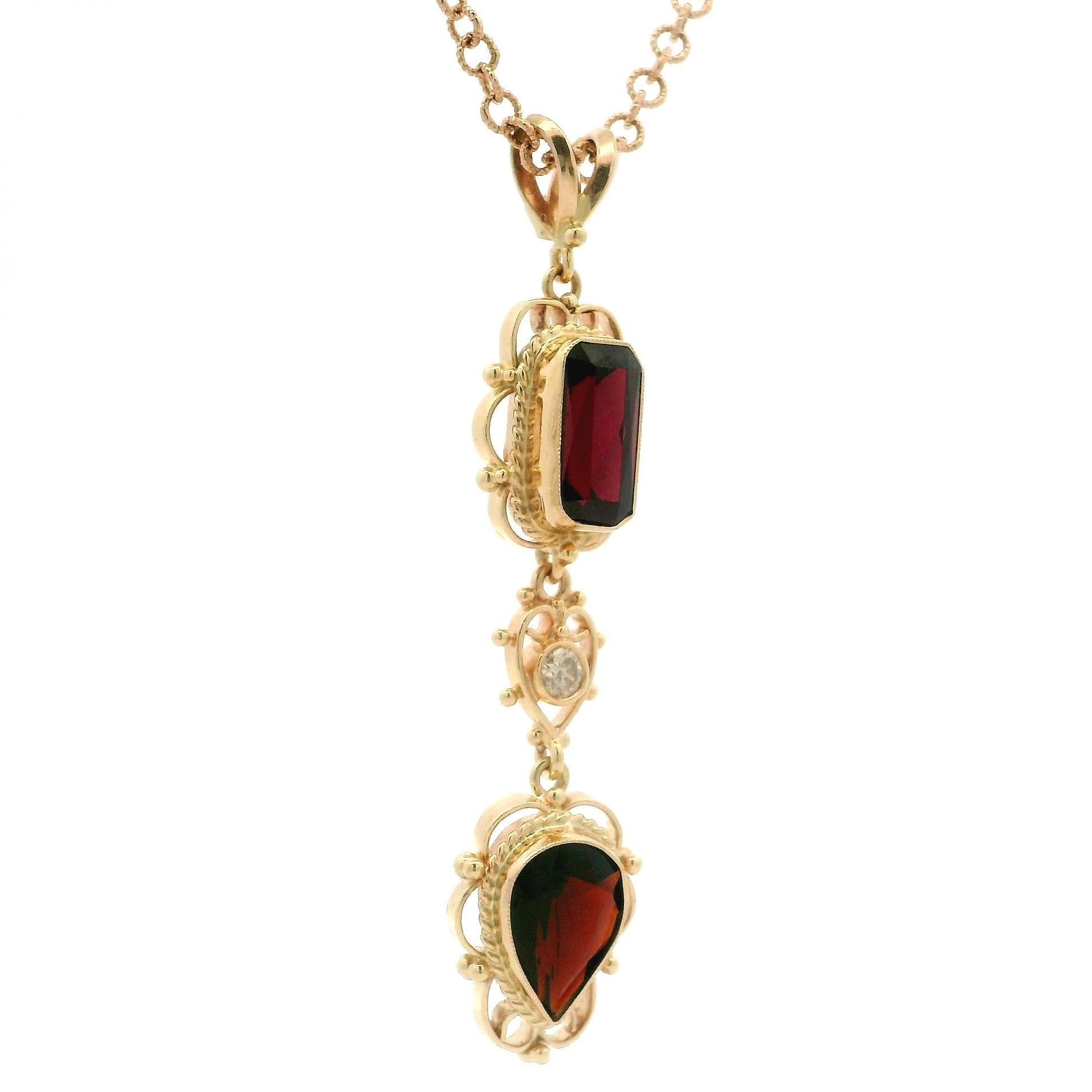 Pendentif Lavalier en or jaune 14k grenat et diamant Chaîne en or rose 14k Pour femmes en vente