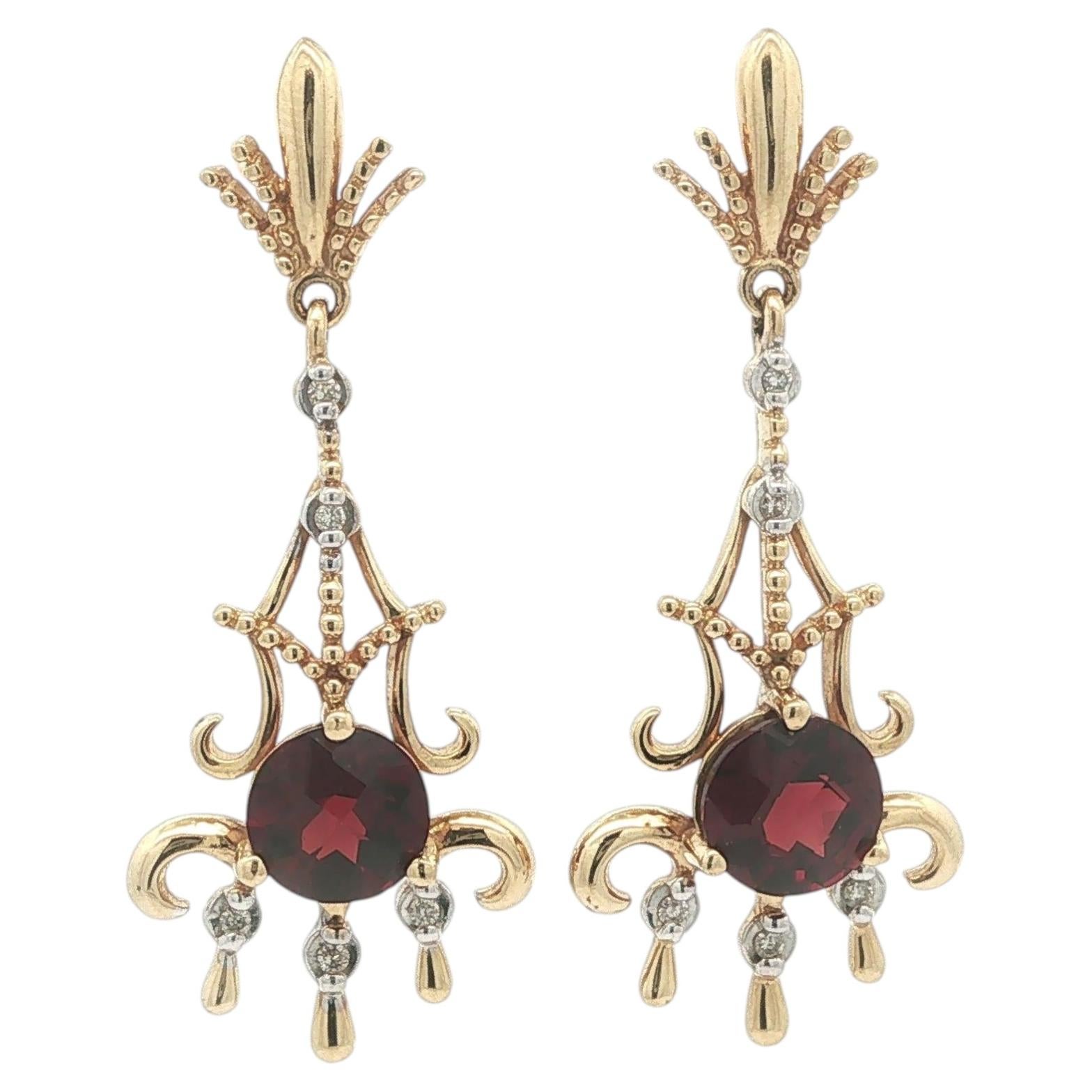 Vintage 14k Yellow Gold Garnet & Diamond Open Work Ornate Long Dangle Earrings For Sale