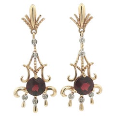 Vintage 14k Yellow Gold Garnet & Diamond Open Work Ornate Long Dangle Earrings