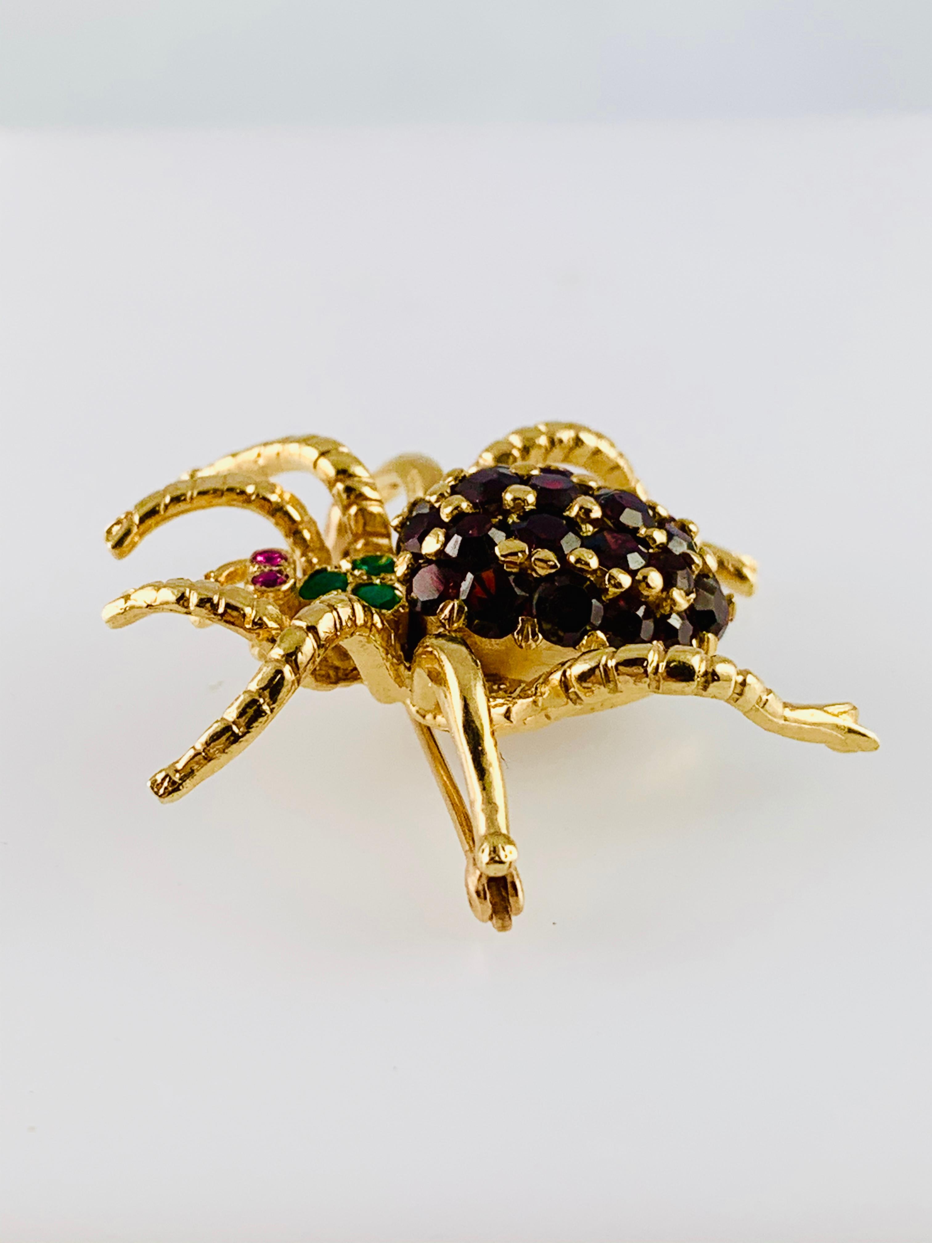 Vintage 14 Karat Yellow Gold Garnet Emerald and Ruby Spider Brooch Pin 2