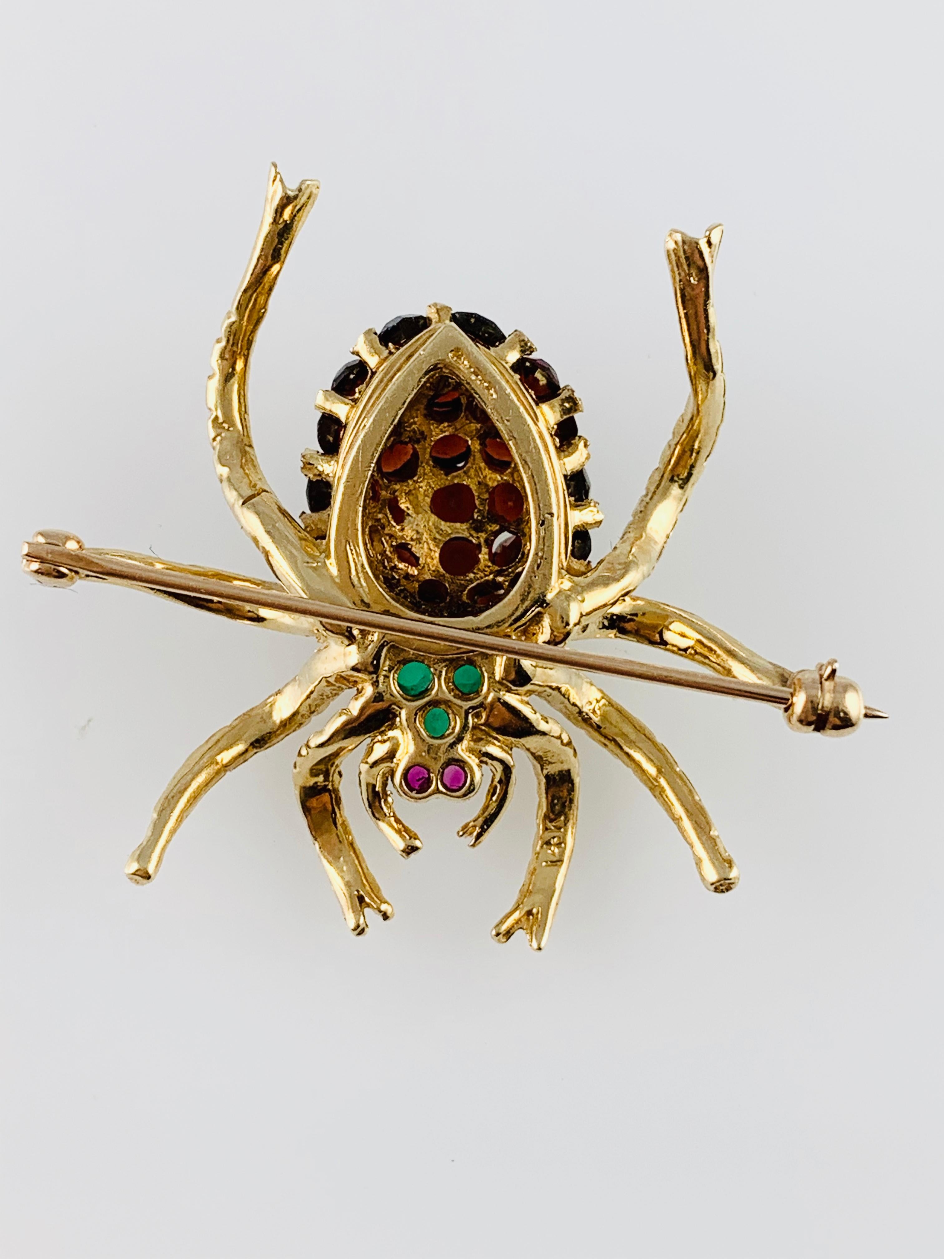 Vintage 14 Karat Yellow Gold Garnet Emerald and Ruby Spider Brooch Pin 5