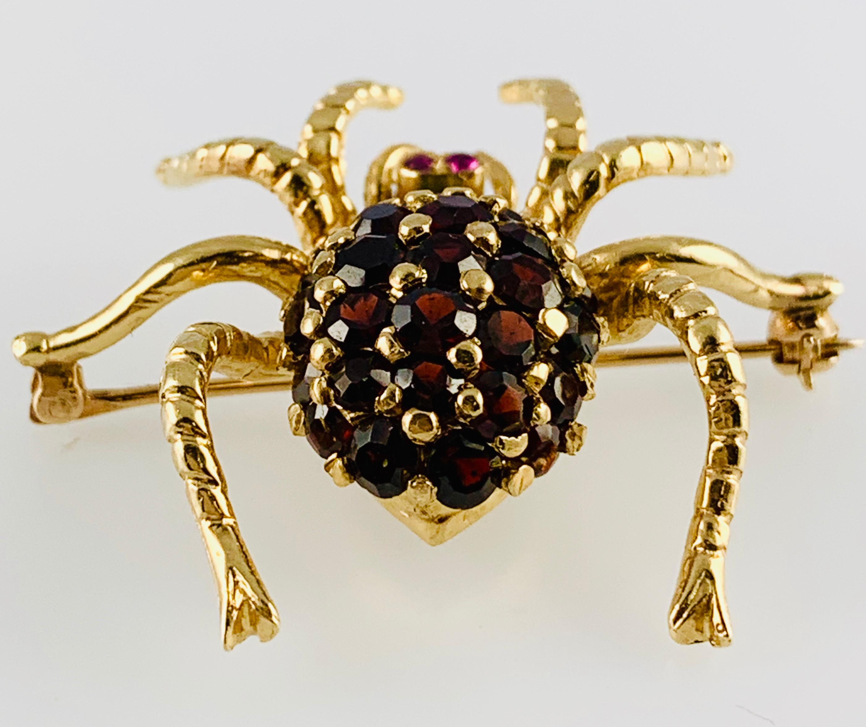 Artisan Vintage 14 Karat Yellow Gold Garnet Emerald and Ruby Spider Brooch Pin