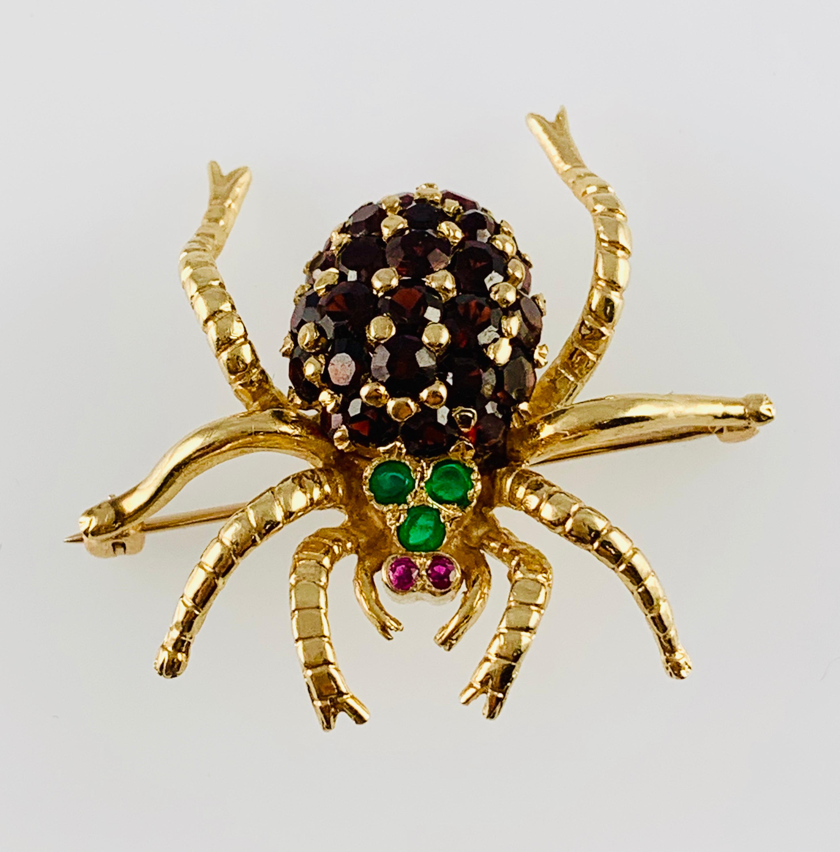 Round Cut Vintage 14 Karat Yellow Gold Garnet Emerald and Ruby Spider Brooch Pin