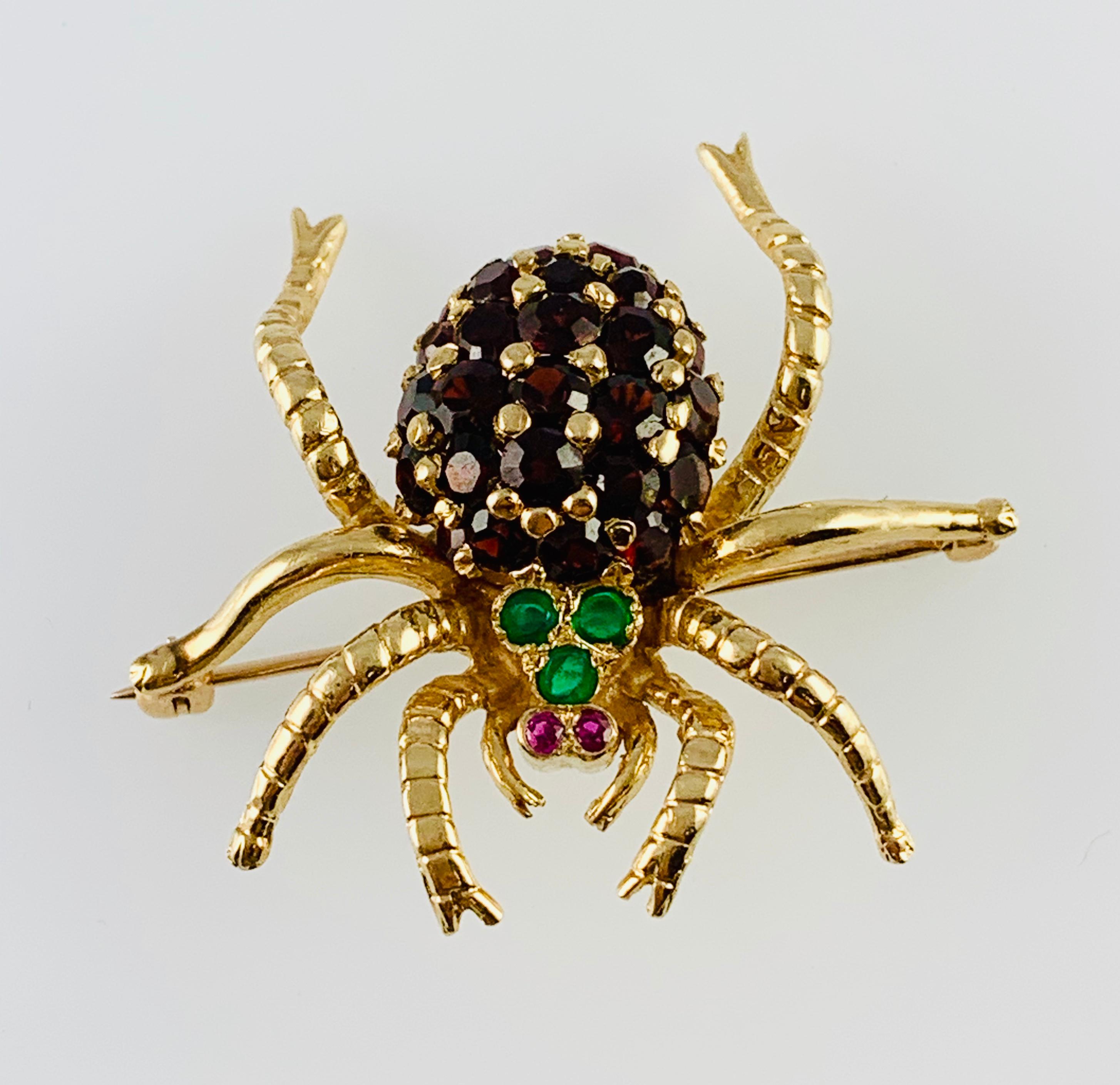 Vintage 14 Karat Yellow Gold Garnet Emerald and Ruby Spider Brooch Pin In Excellent Condition In Birmingham, AL