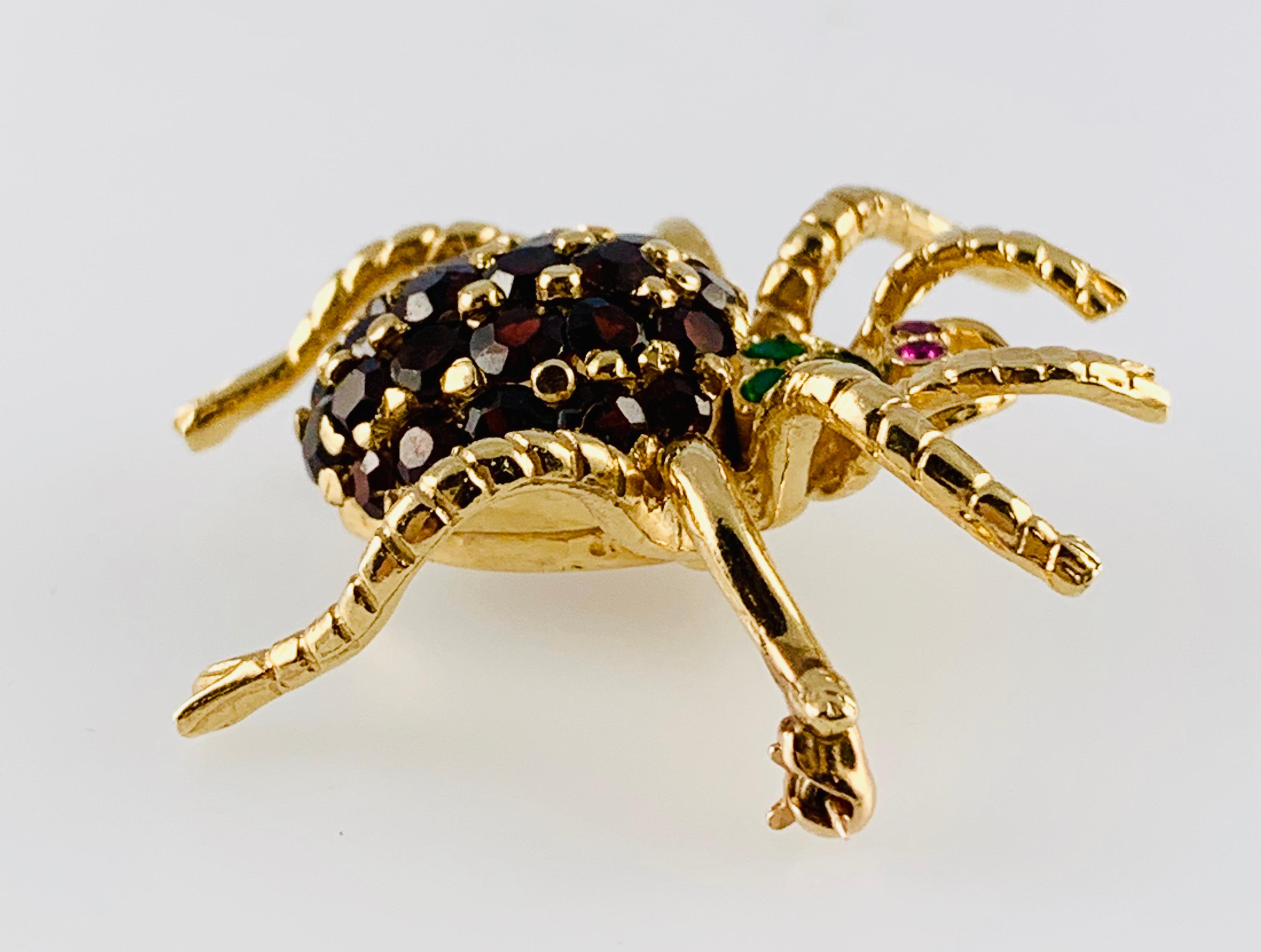 Women's or Men's Vintage 14 Karat Yellow Gold Garnet Emerald and Ruby Spider Brooch Pin