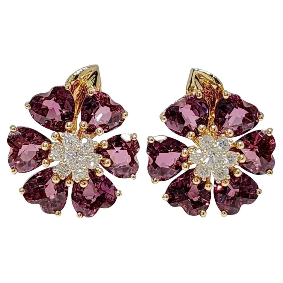 Orecchini a fiore in oro giallo 14K vintage con granato e diamanti