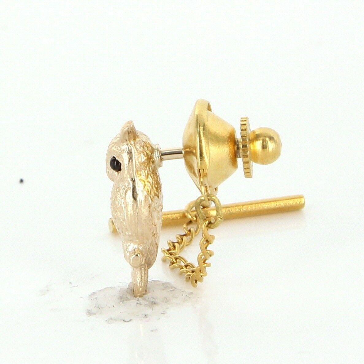 Modern Vintage 14 Karat Gold Garnet Men’s Owl Animal Bird Tie Tac Pin Estate Jewelry