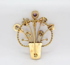 Broche vintage de oro amarillo de 14 quilates con cesta de piedras preciosas - 13,6 g