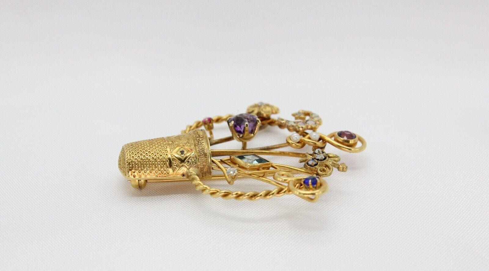 Spilla a cesto in oro giallo 14k d'epoca con pietre preziose - 13.6g In condizioni buone in vendita a Providence, RI